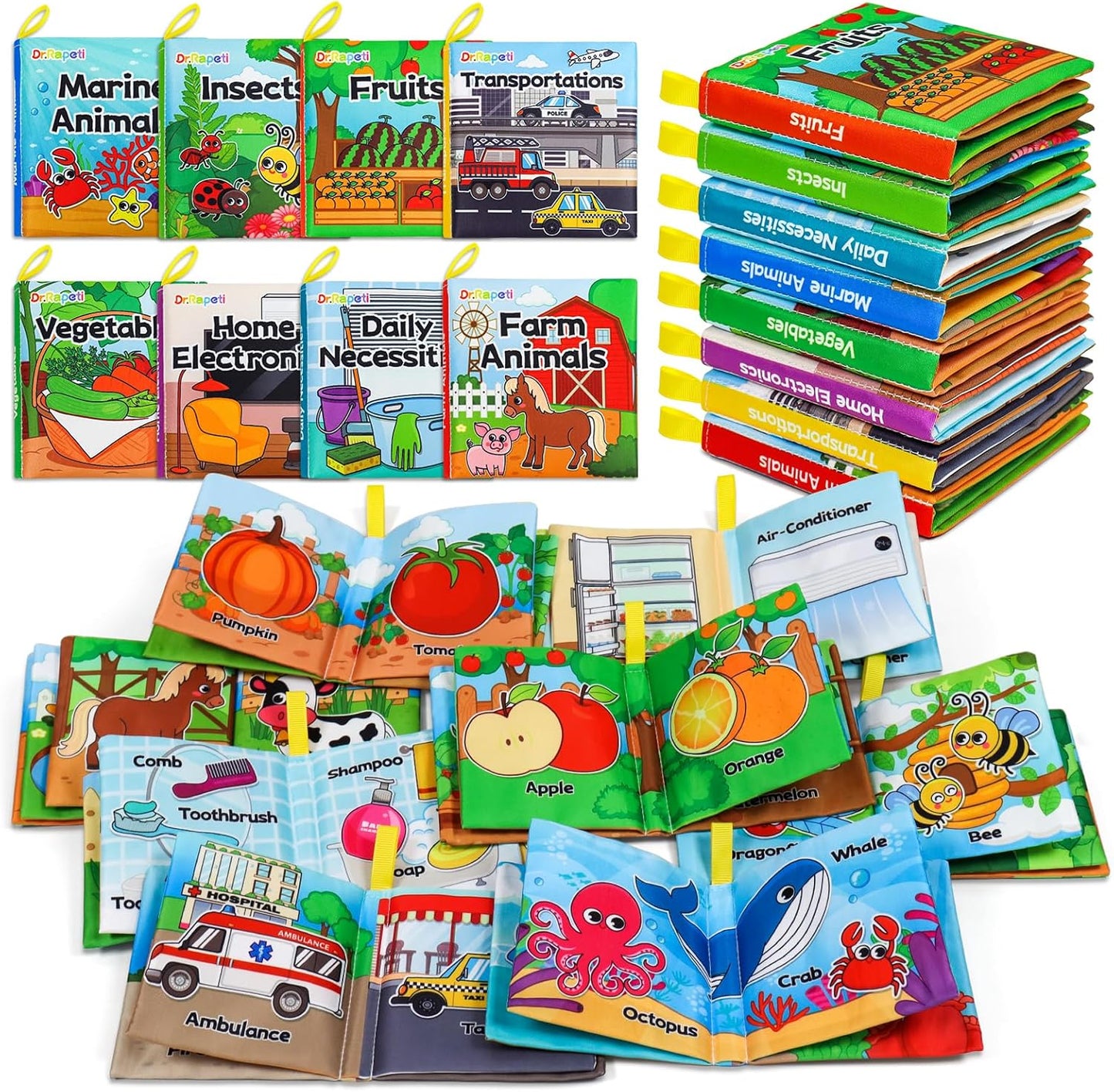 Dr.Rapeti Soft Cloth Books Baby Books Bath Books 8-Pack for Baby Infant Toddler Kid Crinkle Washable Chewable Early Educational Preschool Learning Giftable