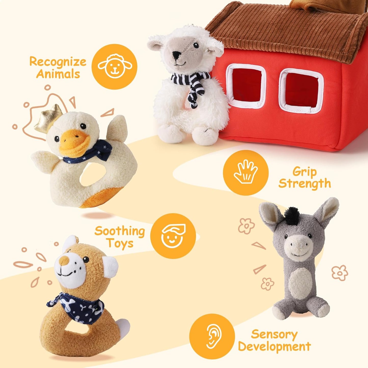 iPlay, iLearn Baby Toys 3 6 12 Month Newborn Gifts, Infant Soft Farm Stuffed Animal Rattles Plush Barn, Boy Girl Stuff, Shower Basket Stuffer, Sensory Hand Development Toy 0 2 4 7 9M 1 Yr - Farm