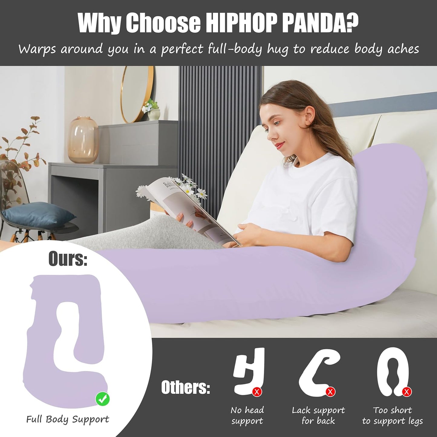 HIPHOP PANDA U-Shaped Pregnancy Pillow for Sleeping - Full Body Maternity Support Pillow with Removable Cover - Comfort for Back, HIPS, Legs, Belly - 57 Inch for Pregnant Women, Purple