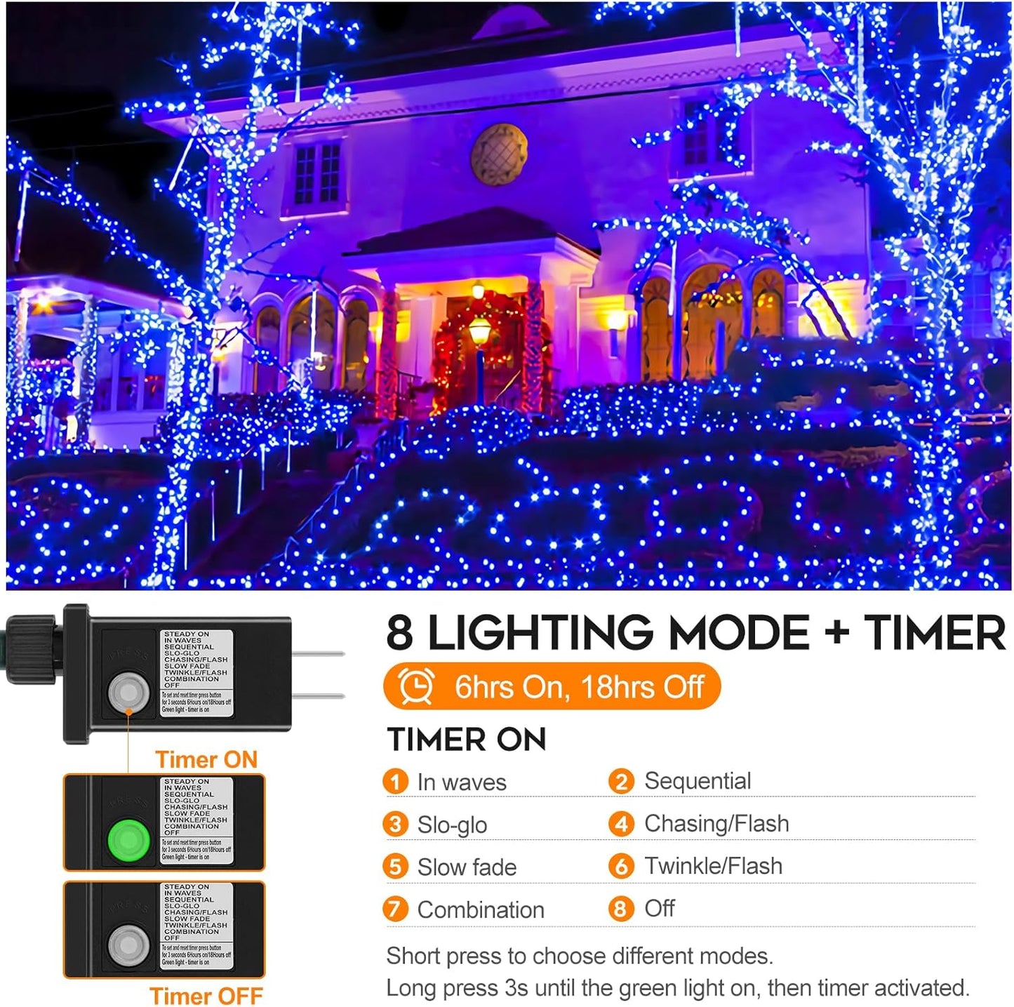 66FT 200 LED Christmas Lights with Timer, Twinkle Fairy Lights String with 8 Flashing Modes String Lights for Indoor Bedroom Outdoor Christmas Trees Garland Wreath Holiday Decorations, Blue