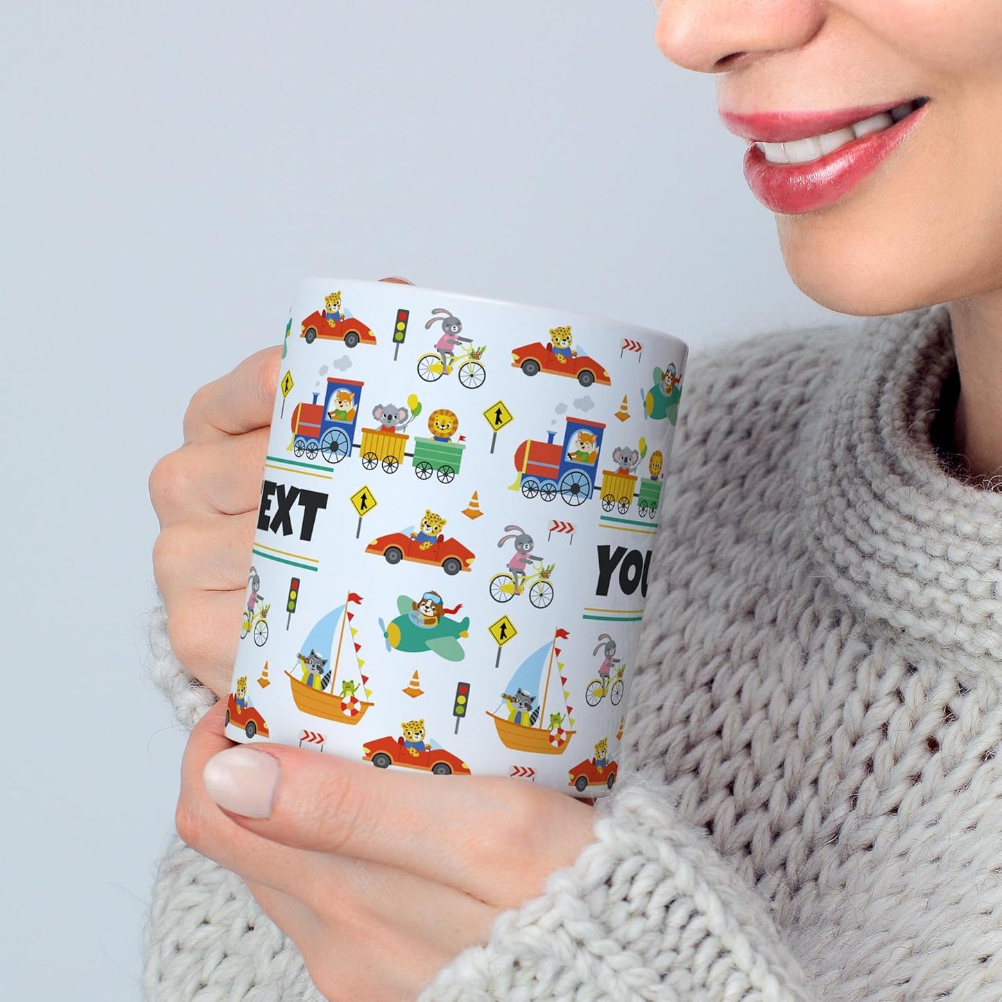 Personalized Mug for Kids - Vehicles - Custom Name/Text, Ceramic Hot Chocolate/Cocoa/Coffee Cup for Boys, Birthday/Christmas/Holiday Gift - 11 oz, Light Blue Handle