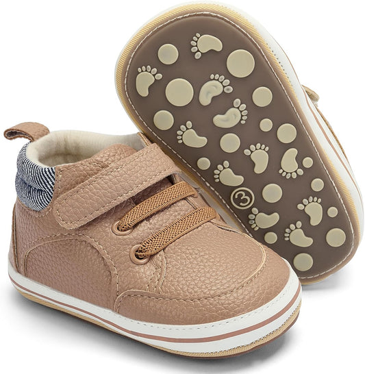 Baby Boys Girls Non-Slip Rubber Sole High-Top PU Leather Infant Sneakers Toddler Crib First Walker Shoes
