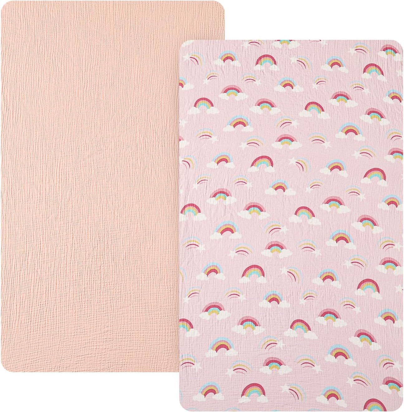 david's kids Muslin Mini Crib Sheets, 2 Pack Cotton Pack N Play Sheets for Boys Girls Neutral, Soft Breathable Baby Sheets Fit Pack N Play, Playard and Mini Crib Mattresses, Rainbow