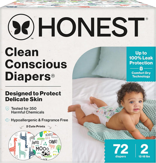 The Honest Company Clean Conscious Diapers for Delicate Skin | Up to 100% Leakproof | Hypoallergenic, Fragrance Free | Gender Neutral | Club Box, Size 2 (12-18 lbs), 72 Count (Prints May Vary)