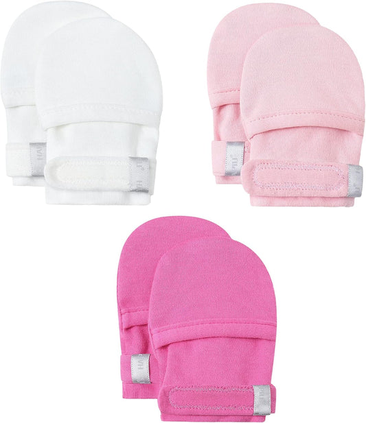 HAPIU Baby No Scratch Mittens Stay On, 100% Cotton Breathable, Adjustable Infant Gloves for Boys Girls, Newborn - 12 M