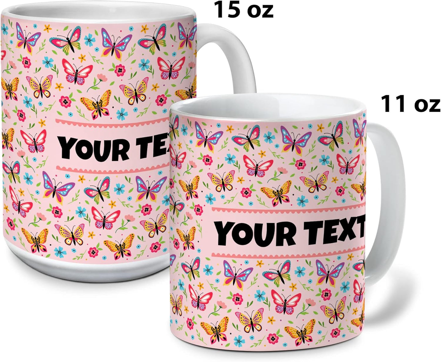 Personalized Mug for Kids - Butterflies - Custom Name/Text, Ceramic Hot Chocolate/Cocoa/Coffee Cup for Girls, Birthday/Christmas/Holiday Gift - 15 oz, Pink Handle