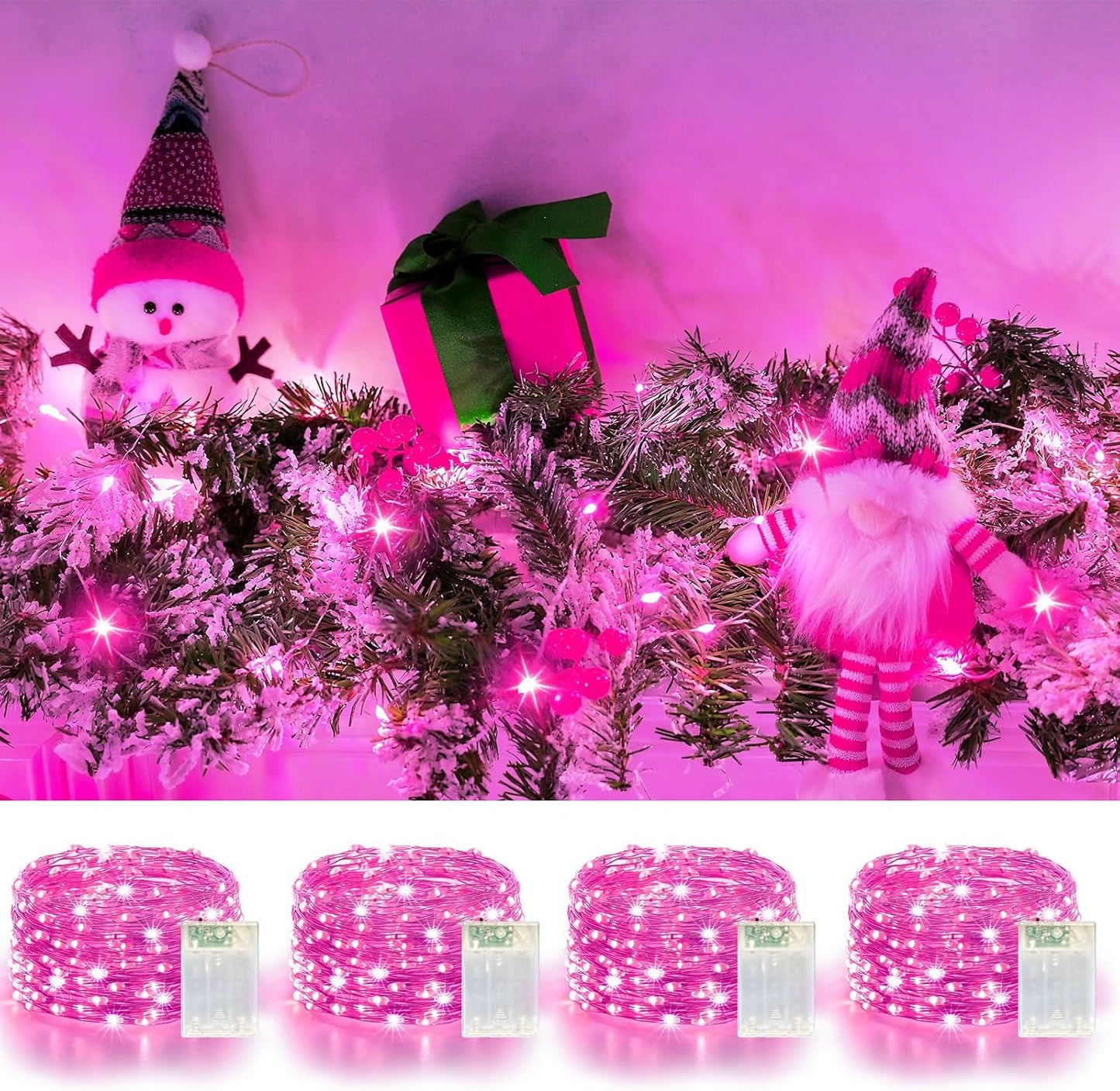 4 Pack 60LED Christmas Fairy Lights Battery Operated - 20FT Twinkle Lights with 2 Lighting Modes Indoor Outdoor, Waterproof Led Fairy String Lights for Bedroom, Wedding, Dorm, DIY Decor, Pink