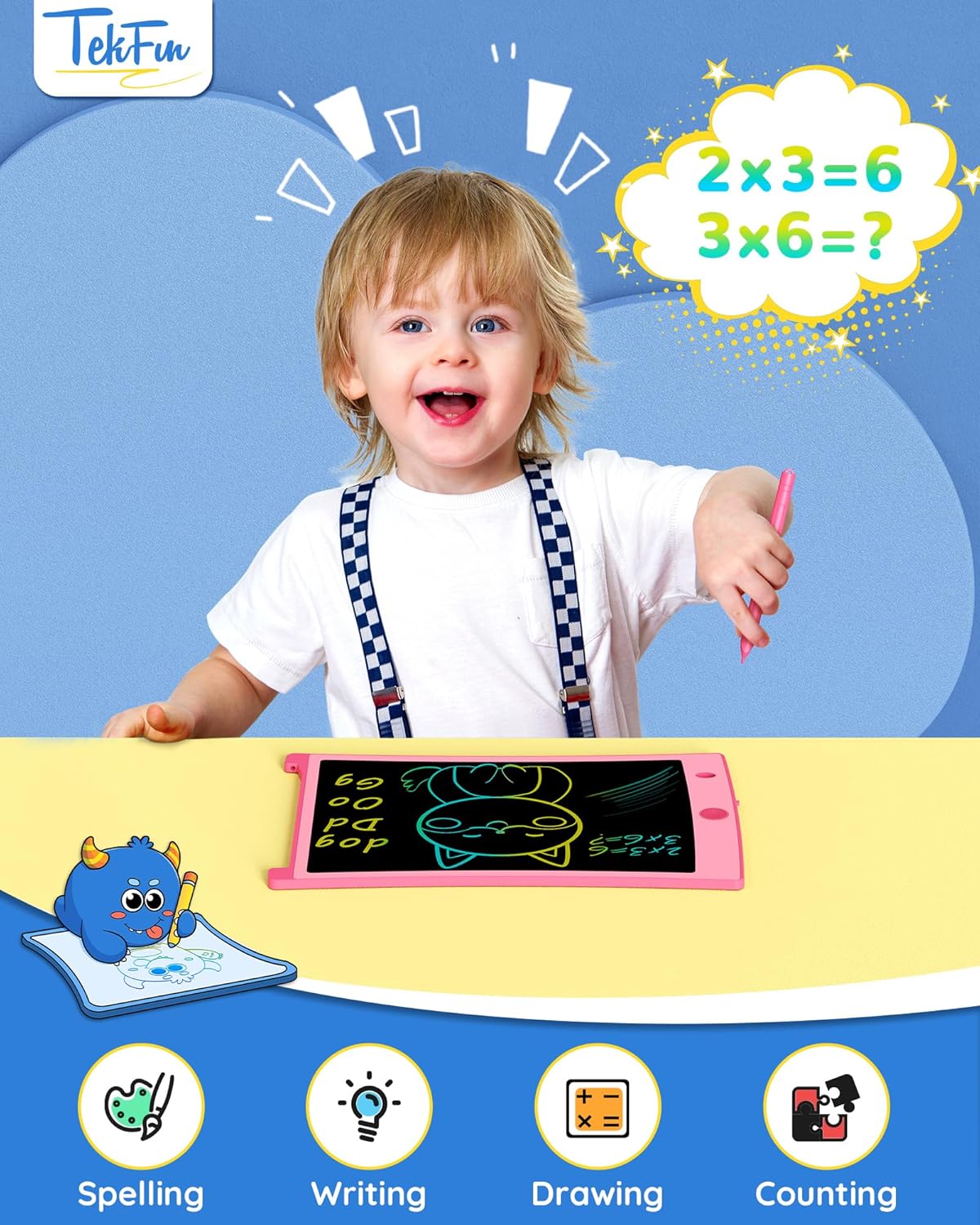 TEKFUN Toys for Girls, 2 Pack LCD Writing Tablet with 4 Stylus, 8.5in Kids Doodle Board Mess Free Coloring Drawing Pad, Travel Car Trip Toys Christmas Birthday Gift for 3 4 5 6 7 Girls (2* Pink)