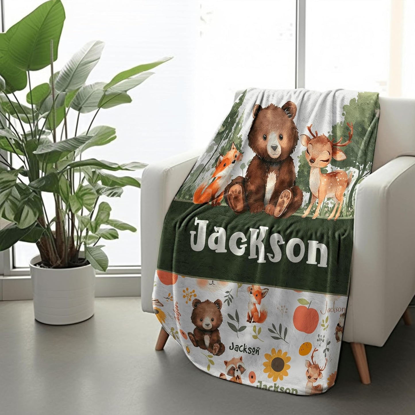 Woodland Animals Personalized Boy Baby Blanket, Custom Baby Throw Blanket with Name for Newborn Son Daughter Grandson Granddaughter Toddler Birthday Bed Blanket