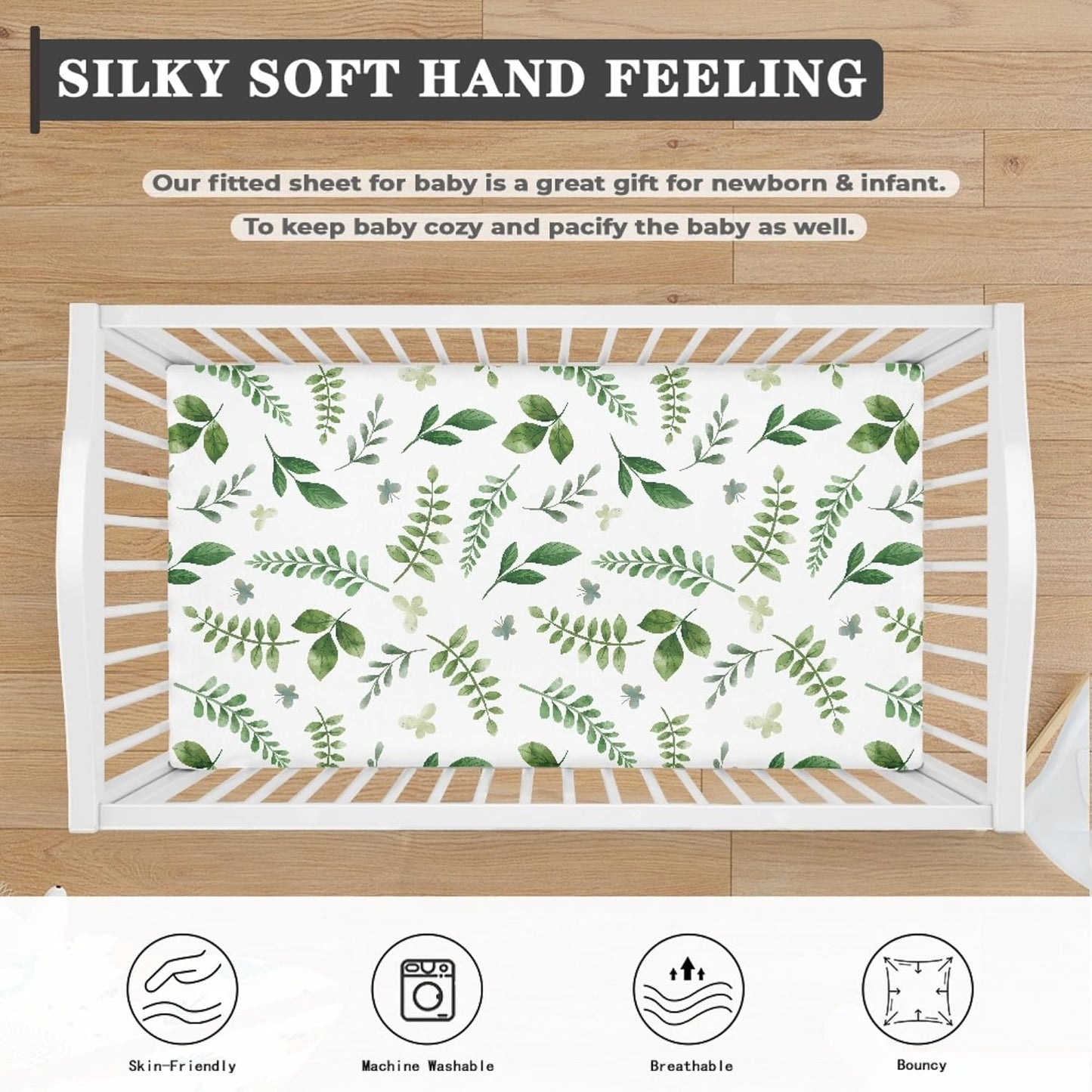 Lovely Green Flower Fitted Crib Sheet Plants Baby Crib Sheet Fit Standard Crib and Toddler Mattress,Crib Mattress Sheets for Boys Girls 28"x52"