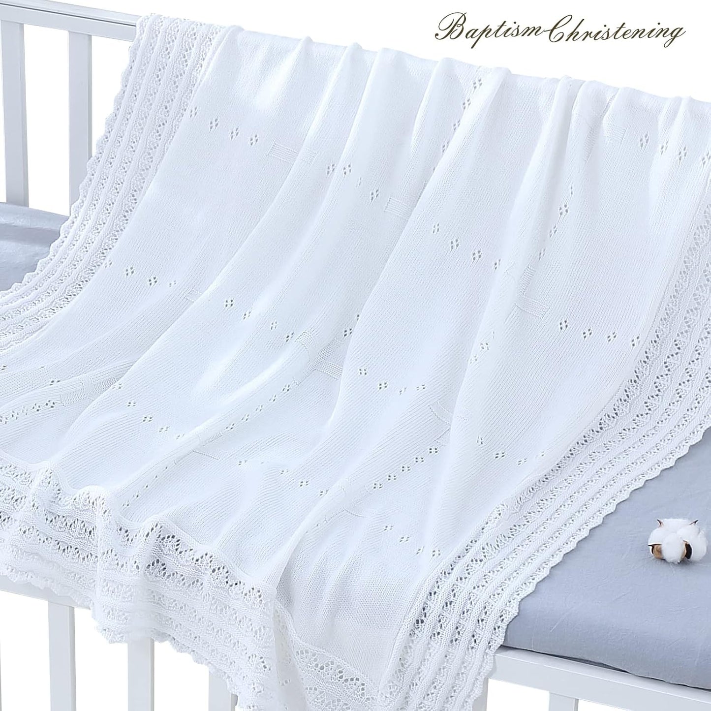 Booulfi Baby Blanket White Receiving Blanket Baptism Christening Towel for Newborn Girls Boys, White Cotton Knit Thermal Baby Blanket Shawl with Cross Pattern, 47”x47”