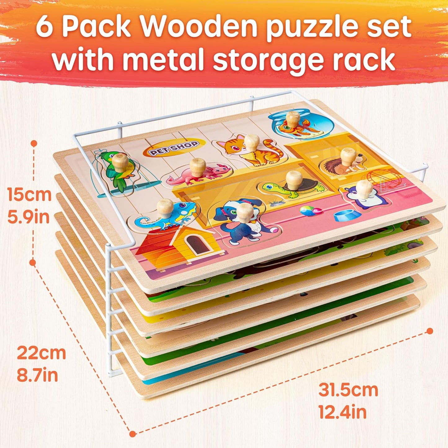SYNARRY Wooden Puzzles for Toddlers 1-3, 6XSET Animals Puzzles for Toddlers 2-4 with Rack, Toddler Puzzles Ages 2-4, Kids Learning Educational Montessori Toys for 2 3 Year Old, Gifts for Boys Girls