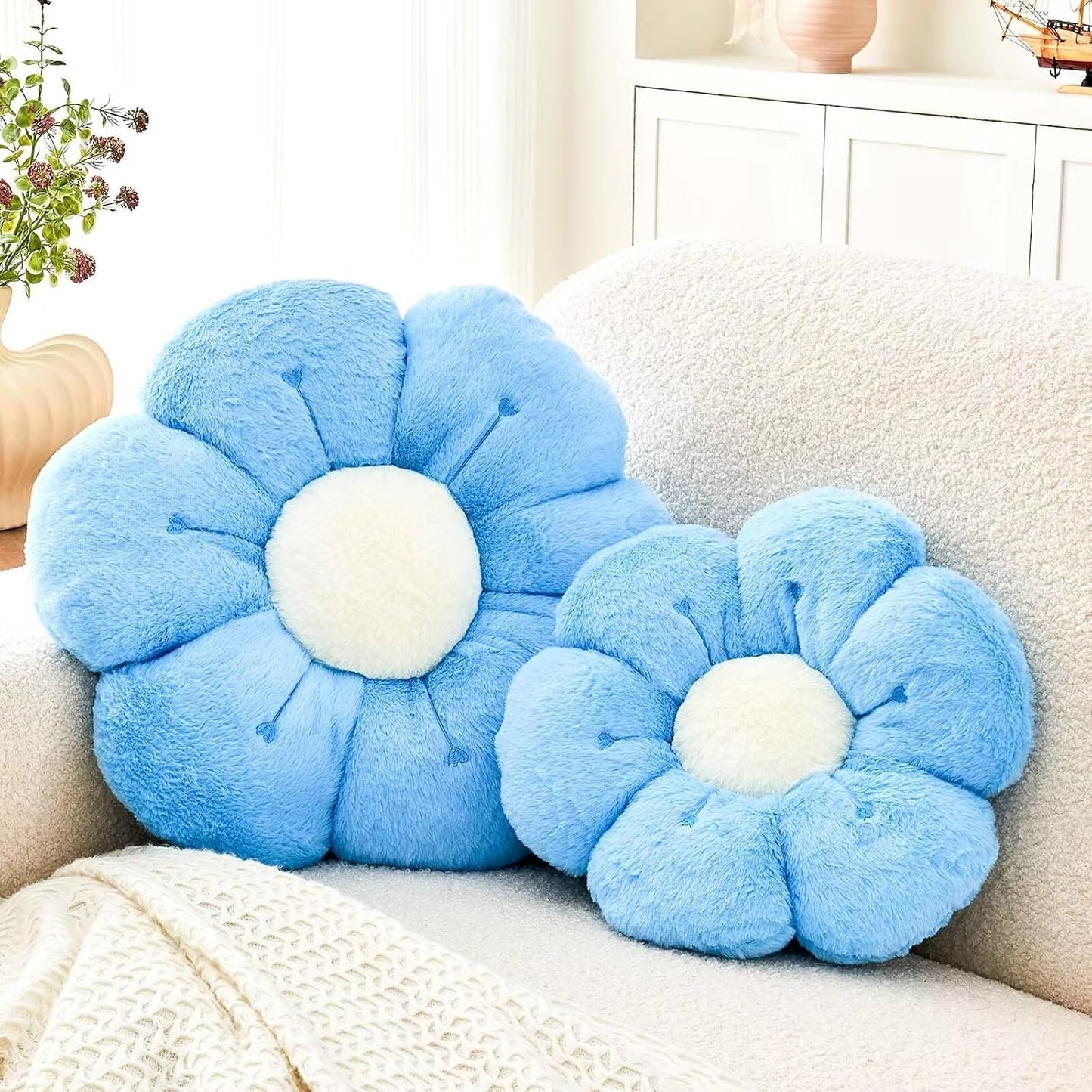 Flower Pillow, Cute Flower Shaped Decorative Pillow, Soft Rabbit Fur Daisy Pillow Home Decor Floor Seating Cushion for Bedroom Living Room (Blue2 14.9 Inch)