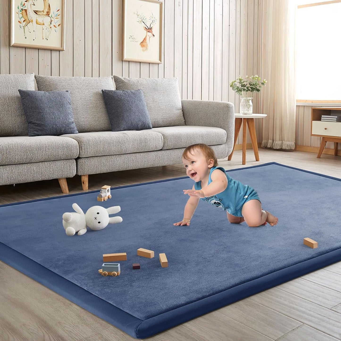 Baby Play Mat for Floor Tummy Time Mat Nursery Rug Muscle Mat Area Rug Playroom Rug Tatami Mat 6'7"x5'11" Memory Foam 1.3" Thick Crawling Mat for Babies,Toddlers, Infants, Kids,Floor Mat(Blue)
