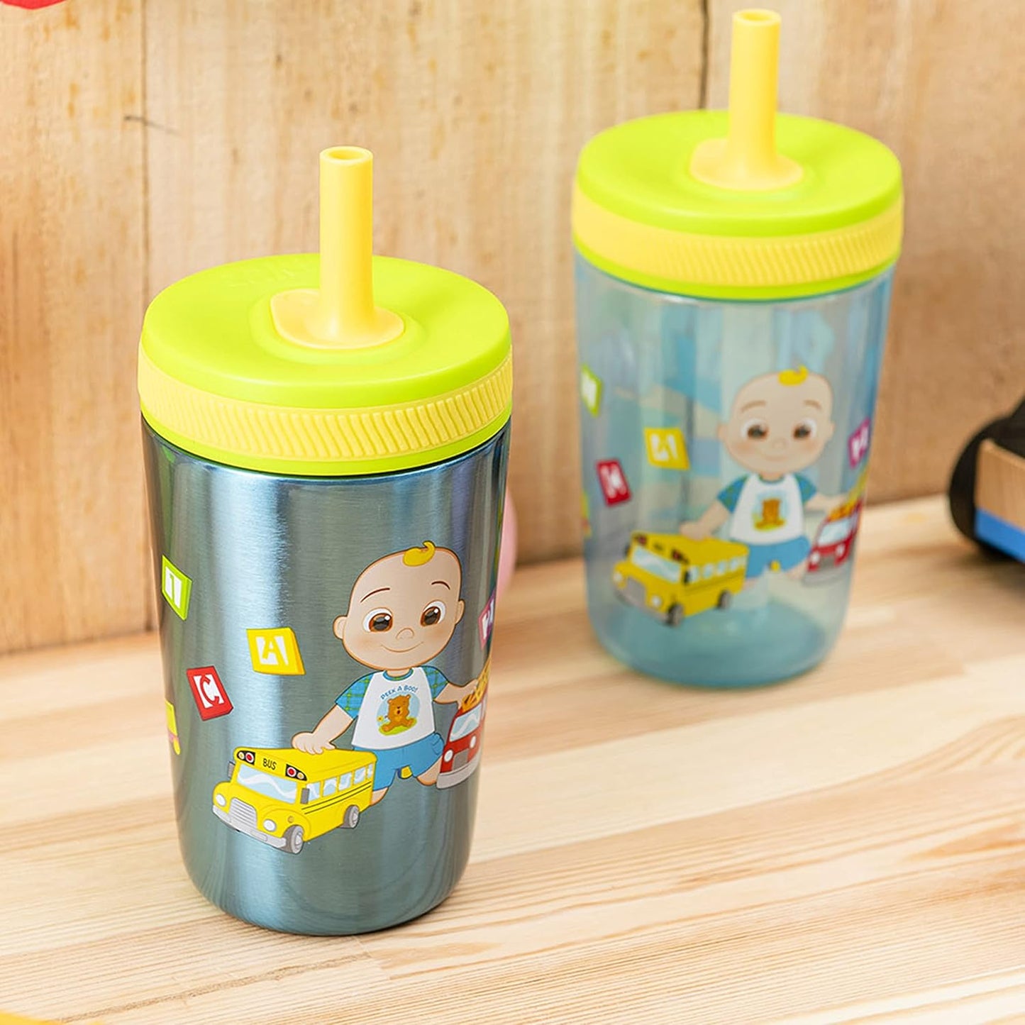 Zak Designs CoComelon Kelso Tumbler Set, Leak-Proof Screw-On Lid with Straw, Bundle for Kids Includes Plastic and Stainless Steel Cups with Bonus Sipper (3pc Set, Non-BPA), 15 fluid ounces