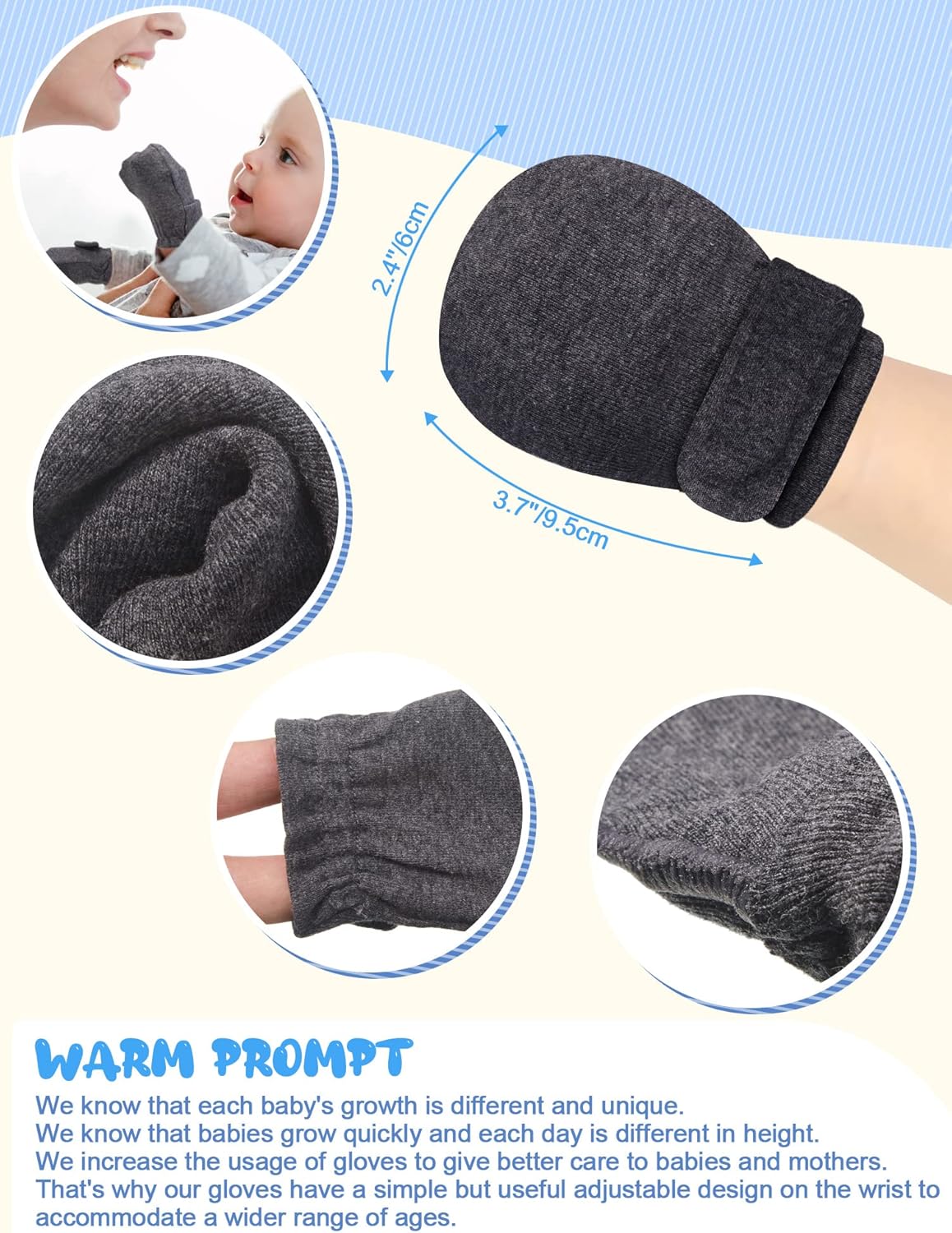 Newcotte 12 Pairs Adjustable Preemie Baby Mittens No Scratch Newborn Cotton Breathable Gloves Warm Mitts for Boys Kids