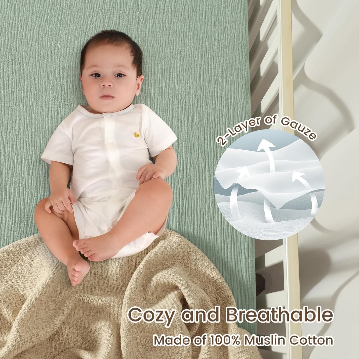 david's kids Muslin Crib Sheets for Boys Girls, 2 Pack 100% Cotton Soft Breathable Fitted Baby Sheet Set, 28x52 Inch Fits Standard Crib and Toddler Mattresses, Oat Milk & Sage Green