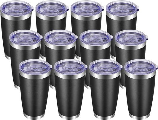 VEGOND 20oz Tumbler with Lid and Straw Stainless Steel Tumbler Cup Bulk Vacuum Insulated Double Wall Travel Coffee Mug Powder Coated Coffee Cup, Black 12 Pack