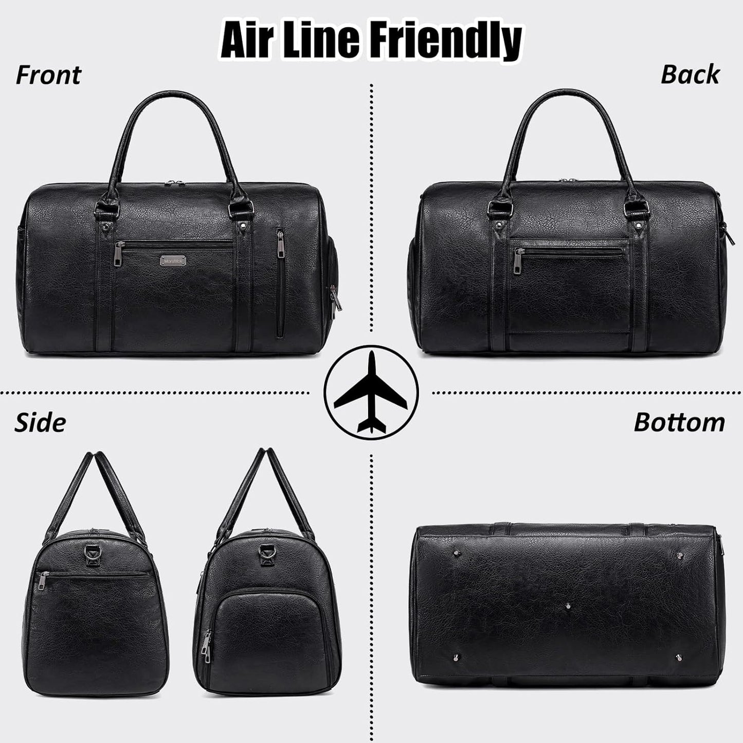 Large Leather Duffel Bag for Travel, Weekender Bag for Men or Women with Shoe Compartment, Waterproof Carry On Bag with Toiletry Bag, Travel Tote Bag with Luggage Strap (Black)