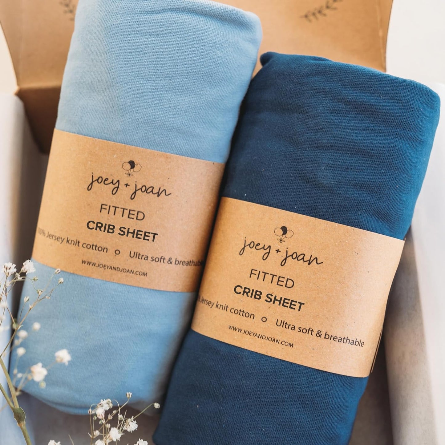 Joey + Joan Fitted Crib Sheets 28 x 52 – Compatible with Standard Crib Mattress and Toddler Bed – 100% Jersey Cotton – Dusty Blue + Navy – 2 Pack