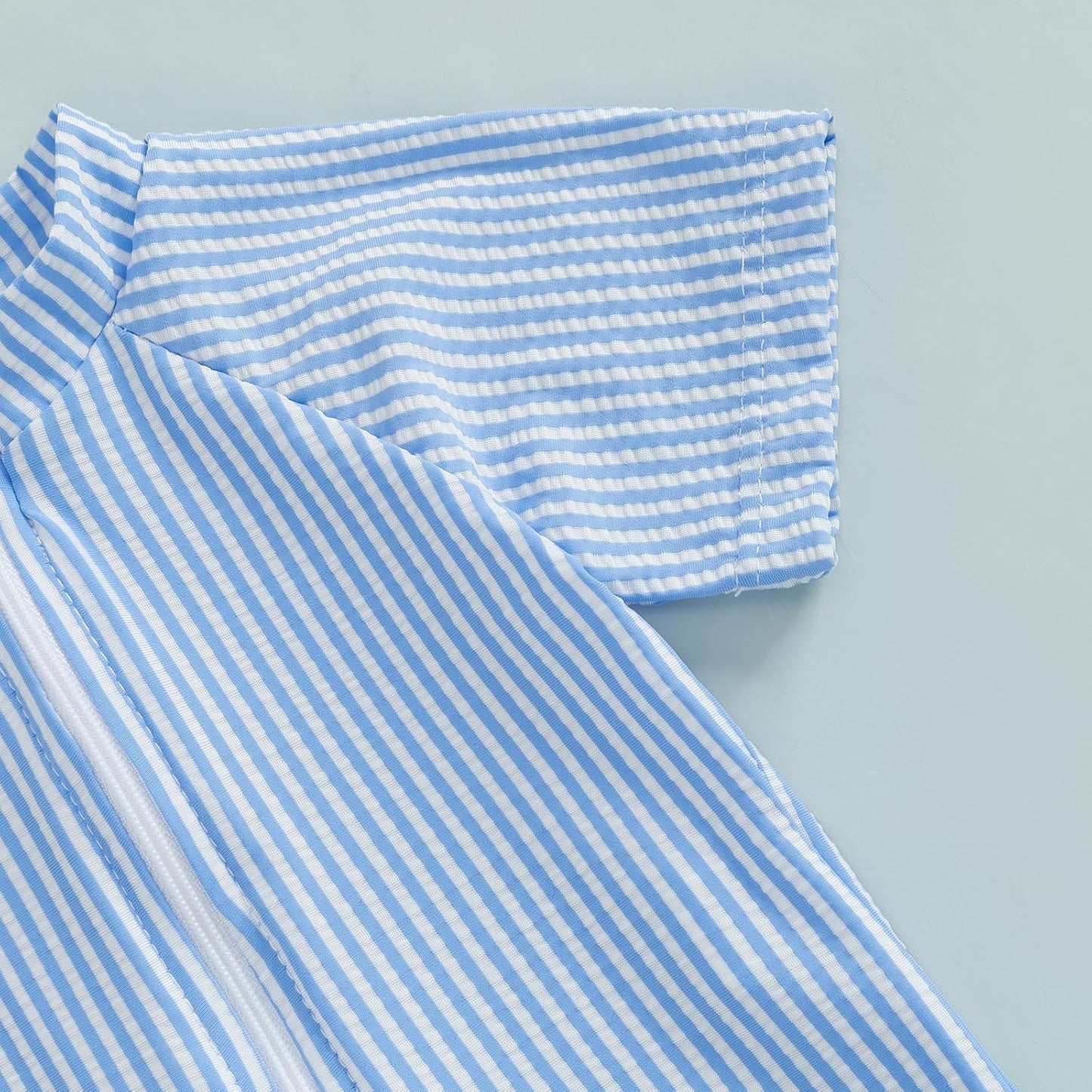 Toddler Baby Boys Seersucker Short Sleeve One Piece Rash Guard Swimsuit Zipper Bathing Suit Swimwear with Hat