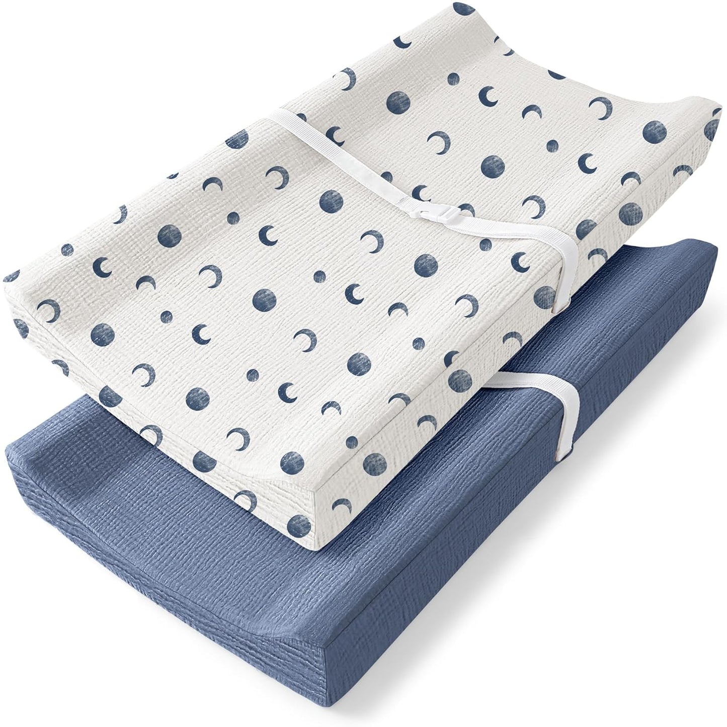 Bearmoss Changing Pad Cover, 2 Pack Muslin [100% Cotton] Diaper Changing Table Covers, 32'' x 16'' Soft Breathable Changing Pad Sheets for Unisex Baby Girls and Boys with Strap Holes (Bluemoon)