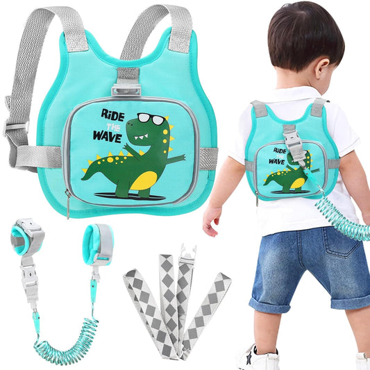 Accmor Toddler Harness Leash+ Anti Lost Wrist Link, Cute Dinosaur Kids Harness with Leash, Collapsible Child Leash Baby Walking Harness Wristband Assistant Strap Belt for Boys Girls to Outdoor Travel