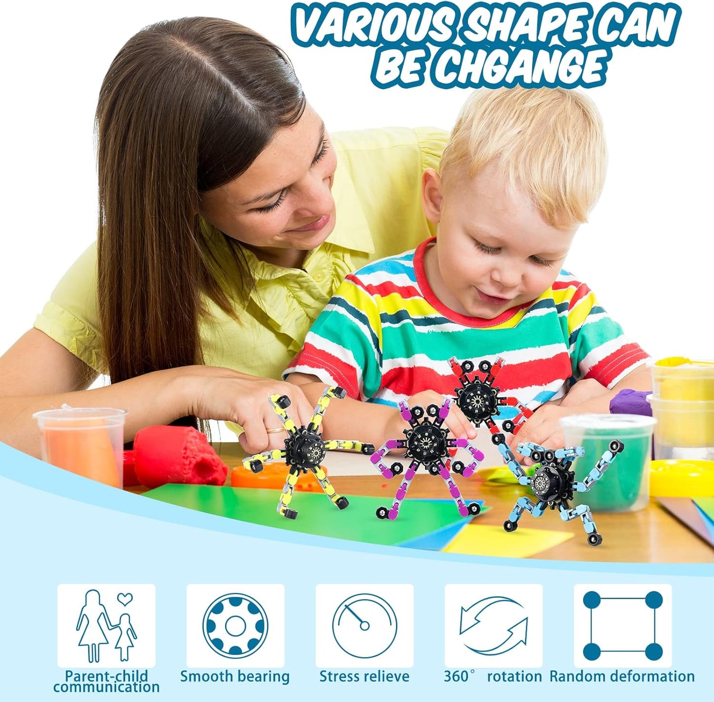 Zhanmai Transformable Fidget Spinners Fidget Toys for Kids and Adults Stress Relief Sensory Toys Transformable Chain Robot Fingertip Gyros for ADHD Autism for Kids Gifts(64 Pack)