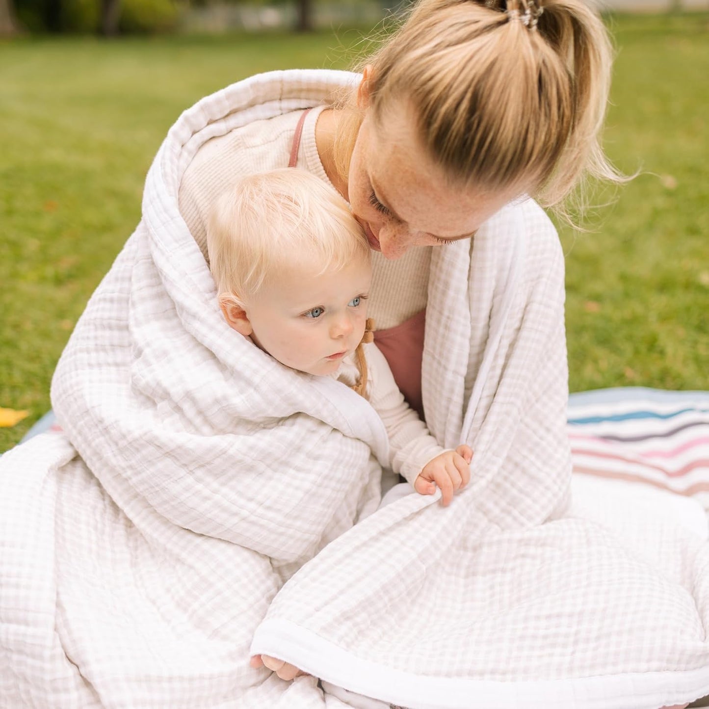 Little Unicorn Premium Quilted Throw | Super Soft, Multi-Layered Muslin XL Blanket| Great for Kids & Families (Tan Gingham)