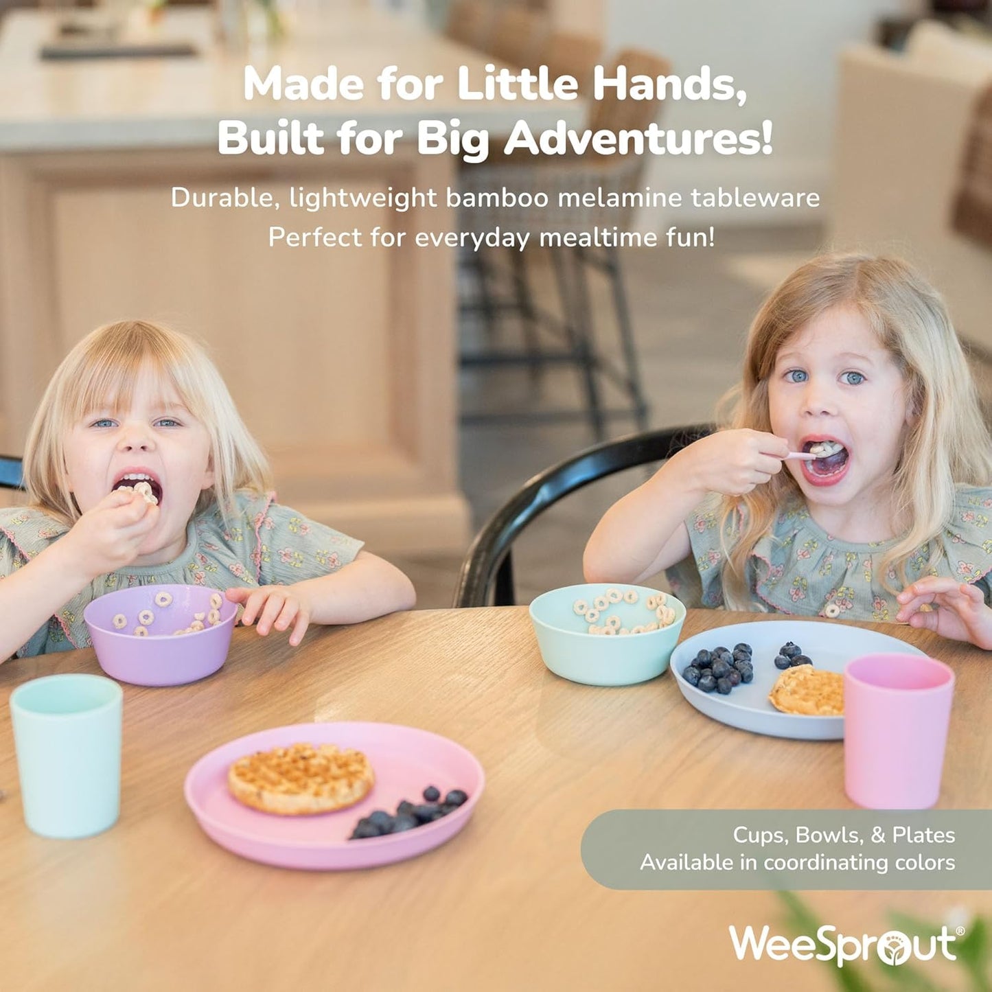WeeSprout Bamboo Kids Bowls with Lids, Set of Four 15 oz Kid-Sized Dinnerware, Cereal, Leftovers & Snack Bowl, Dishwasher Safe (Pink, Green, Gray, & Beige)