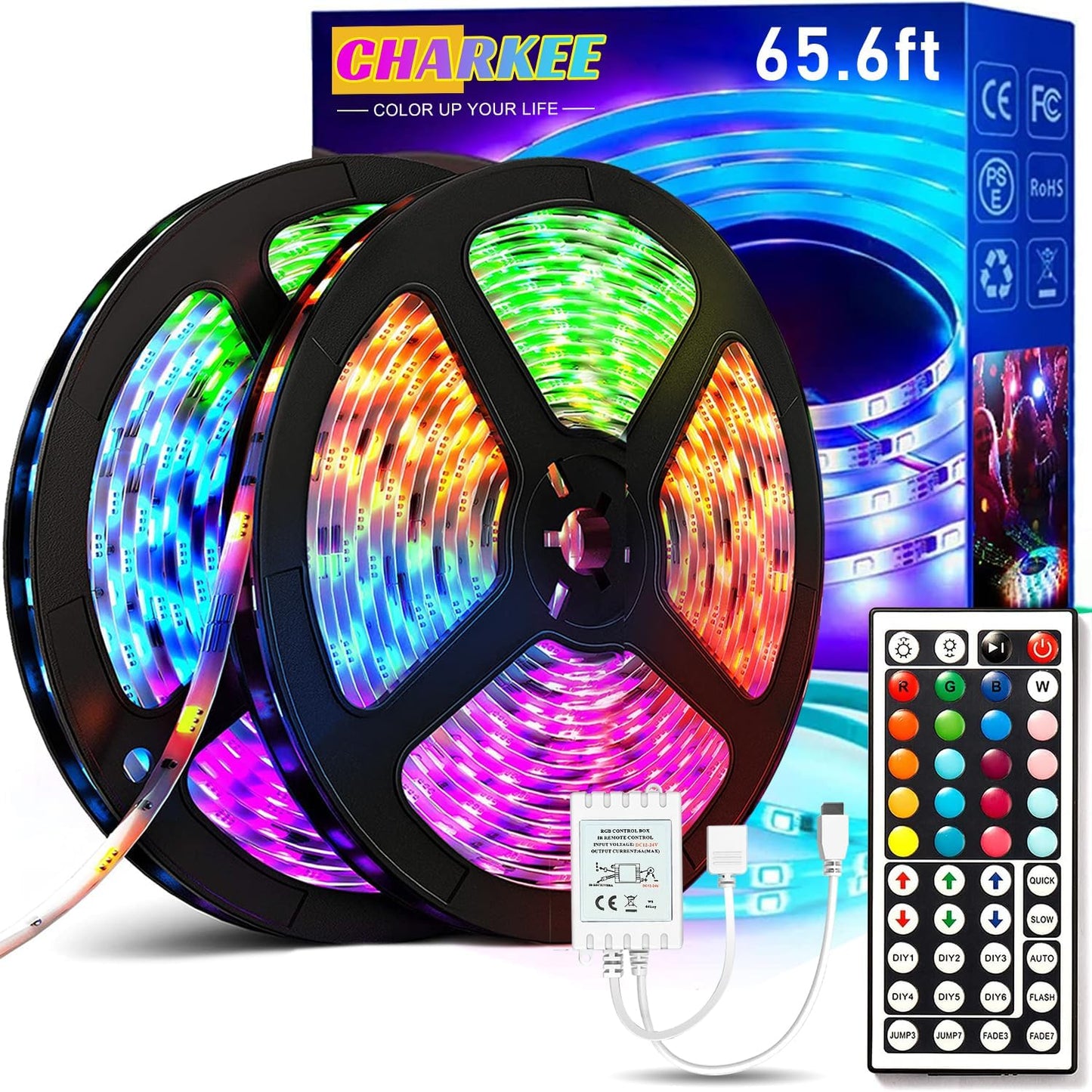 CHARKEE LED Lights for Bedroom 50 ft, Color Changing LED Strip Lights with 44-Key Remote, 12 Volt RGB SMD5050 Tape Lighting for Bedroom, Room Decor, Indoor,IG,TikTok,DIY(44key Remote)