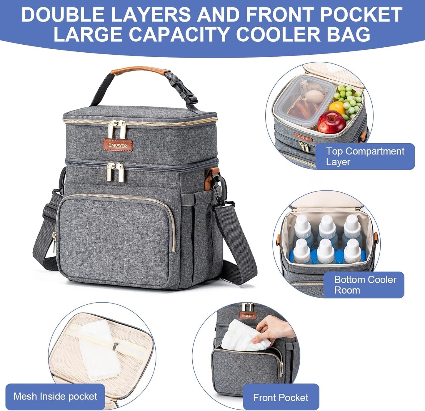 Insulated Breastmilk Cooler Bag with Ice Pack - Holds 6x9oz Bottles, Leakproof Double Layer, Baby Bottle Cooler Bag with Adjustable Strap for Nursing Moms, Daycare & Travel