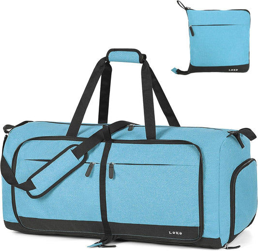 Lekesky Foldable Travel Duffel Bag for Women, 80L Large Duffle Bag with Separate Shoes Compartments & Straps, Carry On Weekend Bag for Women, Hospital, Overnight(Azure)