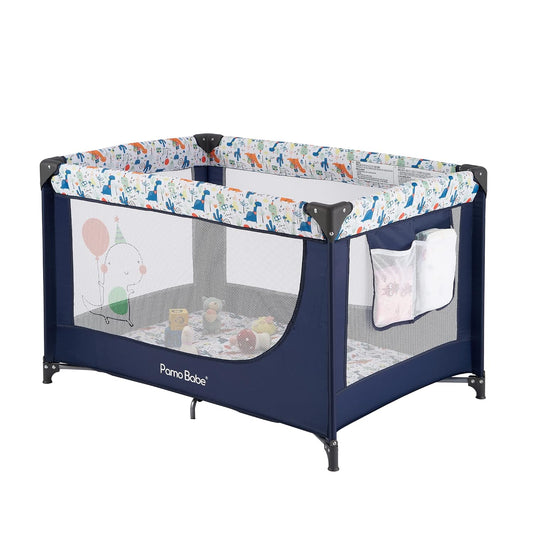 Pamo Babe Travel Foldable Portable Bassinet Baby Infant Comfortable Play Yard Crib Cot with Soft Mattress Breathable Mesh Walls, and Carry Bag Blue