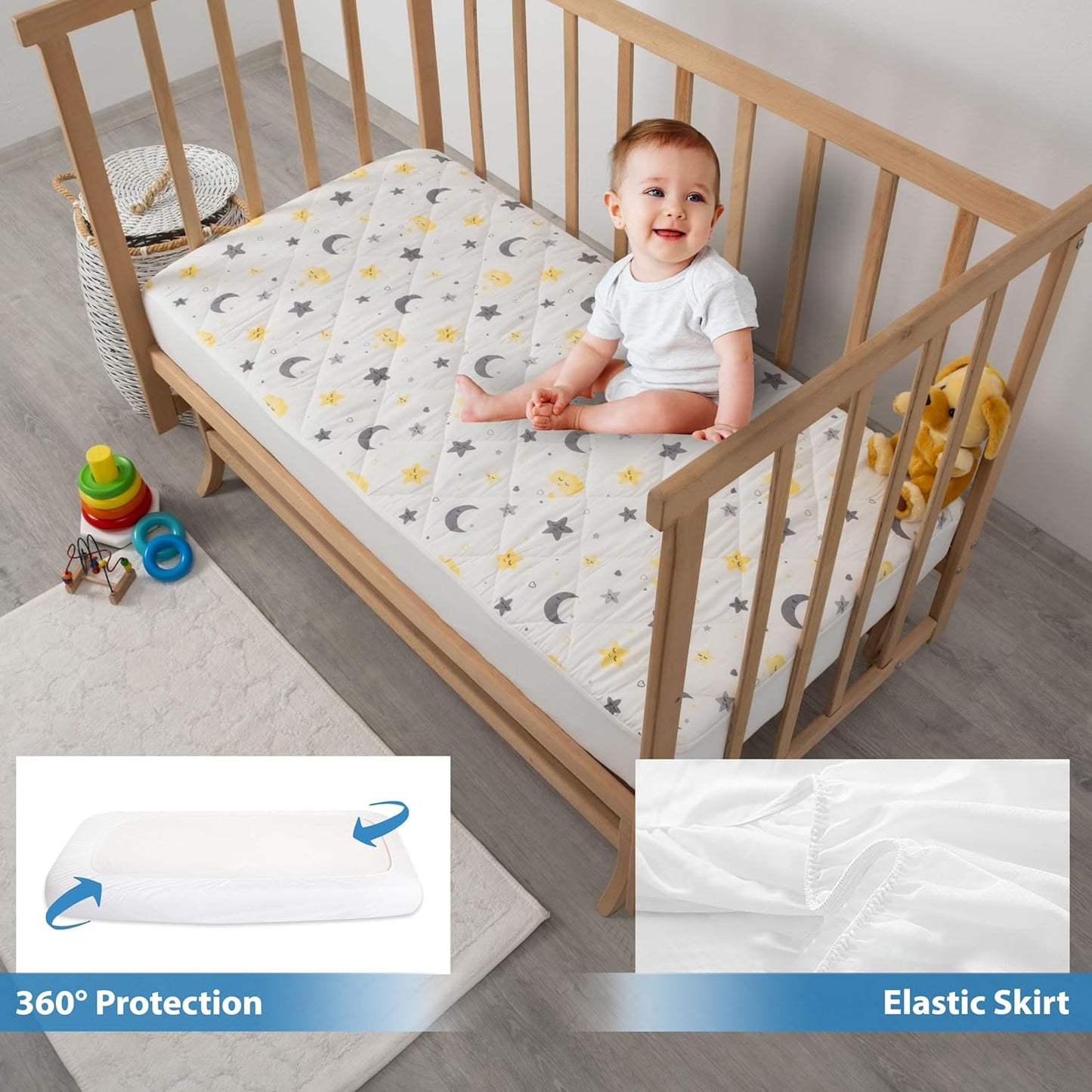 Waterproof Crib Mattress Protector Sheets,%100 Cotton Fabric, Absorbent Crib/Toddler Mattress Protector, Quilted, Certified, Noiseless Machine Wash, Moon&Star Pattern 52"x28" (Small Single, 1, Pack)