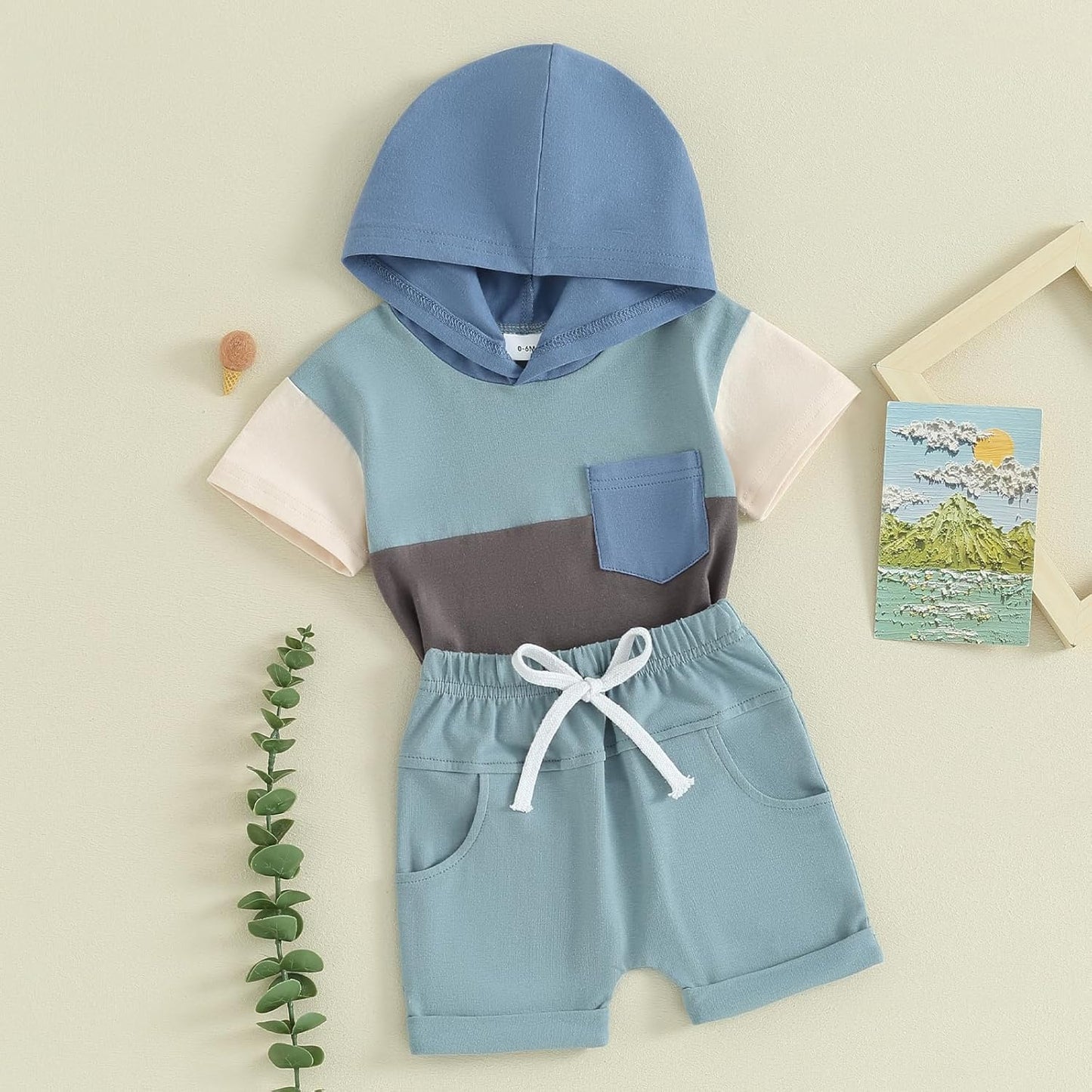 Toddler Baby Boy Summer Hooded Outfit Contrast Color Short Sleeve T Shirt Top Elastic Shorts Summer Clothes Set