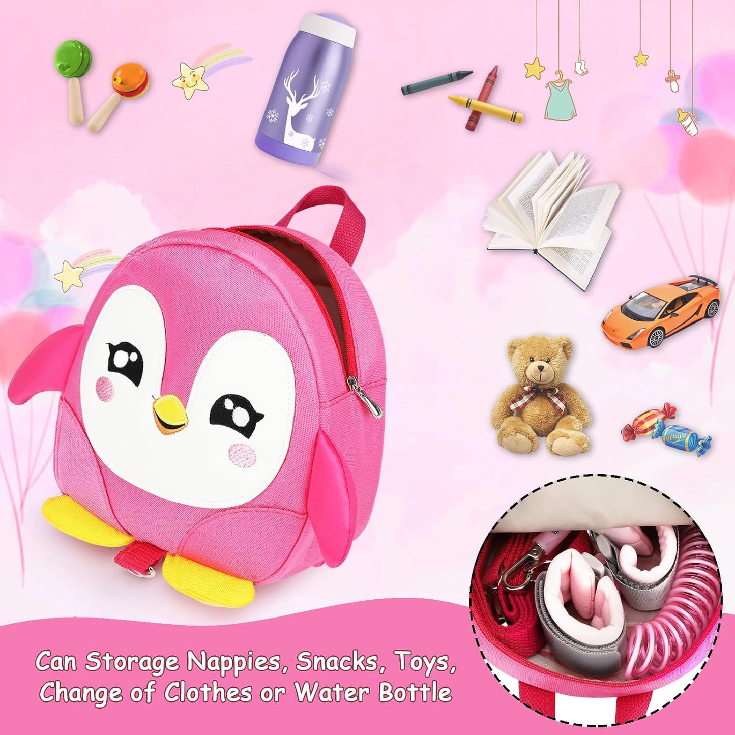 Accmor Toddler Harness Backpack Leash, Cute Penguin Kid Backpacks with Anti Lost Wrist Link, Mini Child Backpack Harness Leashes Walking Wristband Rope Travel Bag Harness Rein for Baby Girls (Pink)