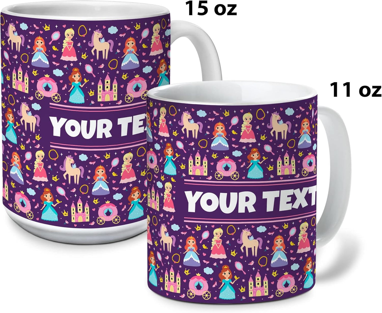 Personalized Mug for Kids - Princesses - Custom Name/Text, Ceramic Hot Chocolate/Cocoa/Coffee Cup for Girls, Birthday/Christmas/Holiday Gift - 11 oz, Pink Handle