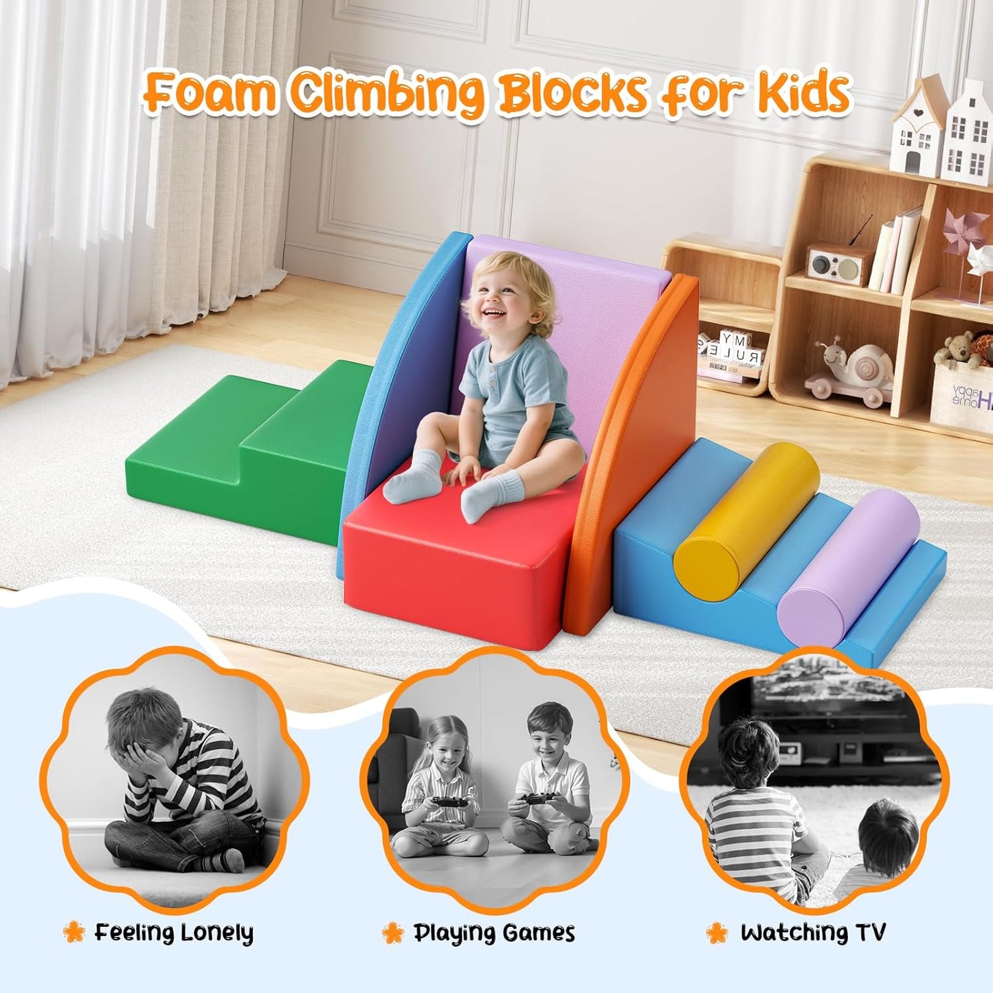 Lischwert Foam Climbing Blocks for Toddlers 1-3, 8pcs Soft Play Set with Crawling Exploration Toys, Indoor Outdoor Infant Safe Blocks for Baby Gym Toddler Playground