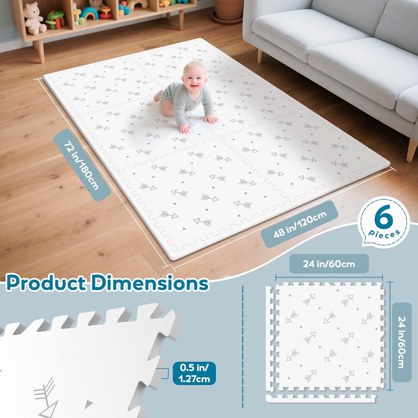 Baby Foam Play Mat-72”x 48” Baby Playmat,6-Piece Interlocking Foam Floor Tiles,Puzzle Mat for Infants and Toddlers,Waterproof Crawling Mat,Non Toxic Play Mat for Baby Tummy Time Mat(Arrow)