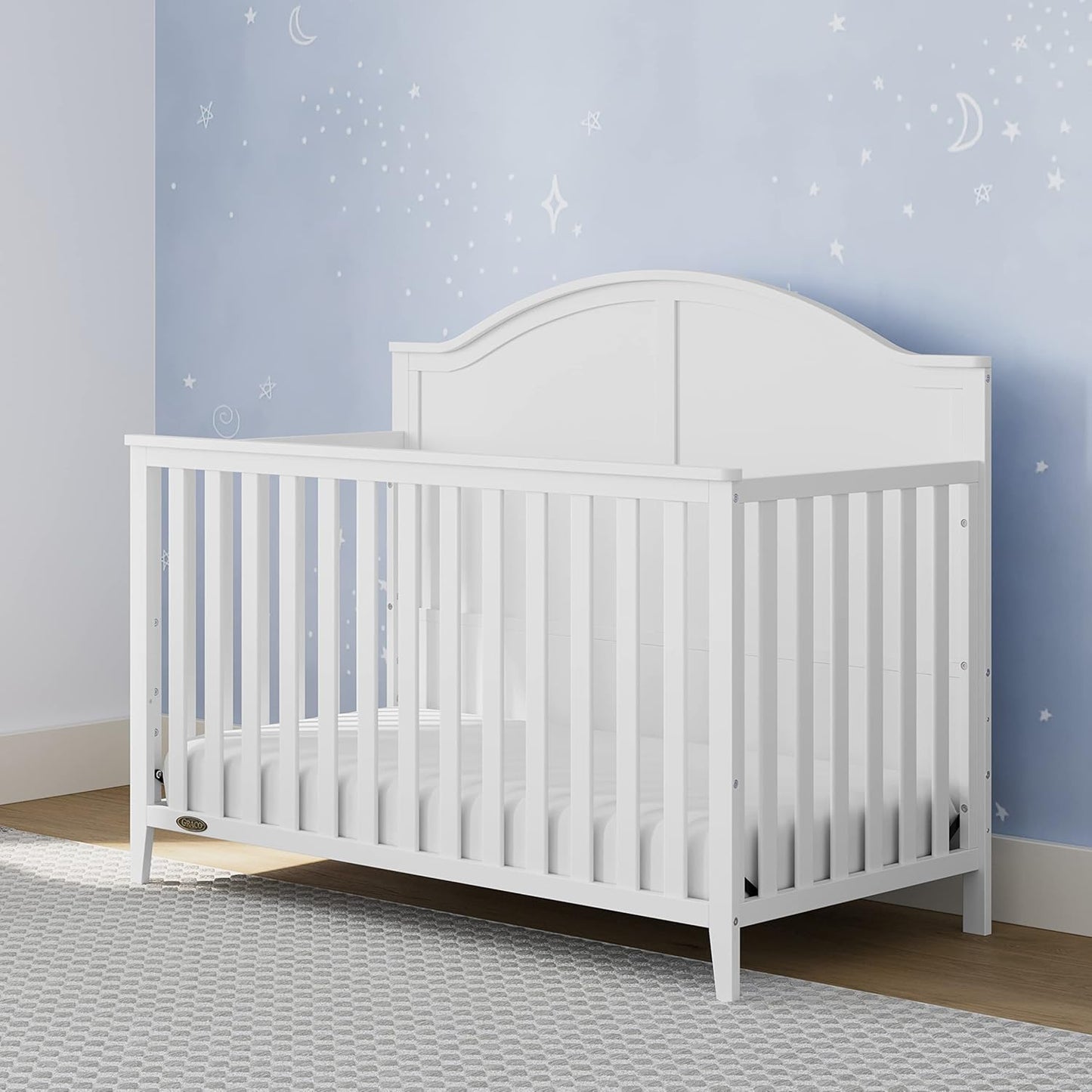 Graco Wilfred 5-in-1 Convertible Crib (White) – GREENGUARD Gold Certified, Converts to Toddler Bed and Full-Size Bed, Fits Standard Full-Size Crib Mattress, Adjustable Mattress Support Base