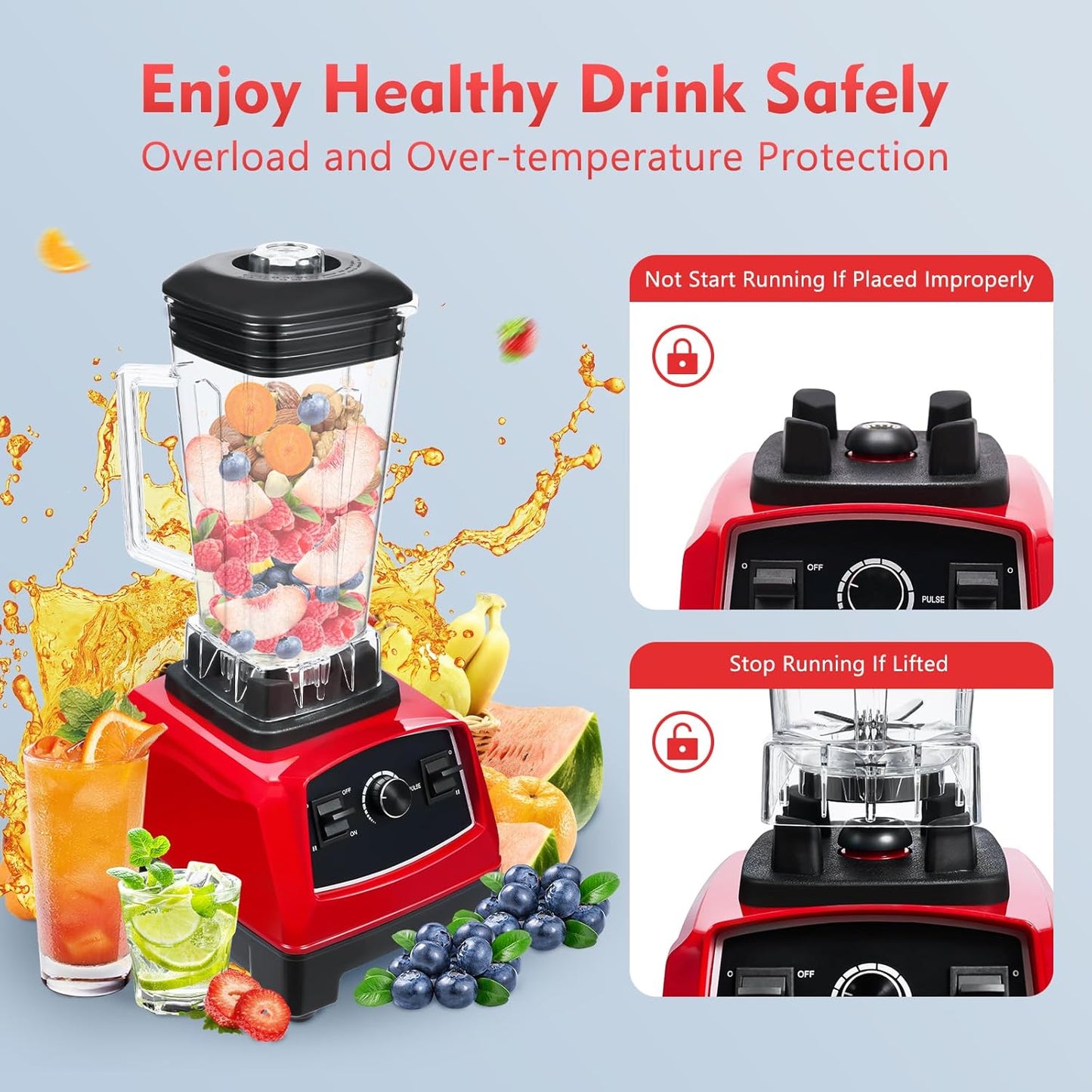 Blender 2L Automatic Smoothie Mixer Baby Food Blender 68oz Fruit Vegetables Juicer 2200W High-Speed Blender Tabletop Soundproof Milkshake Maker (Red)