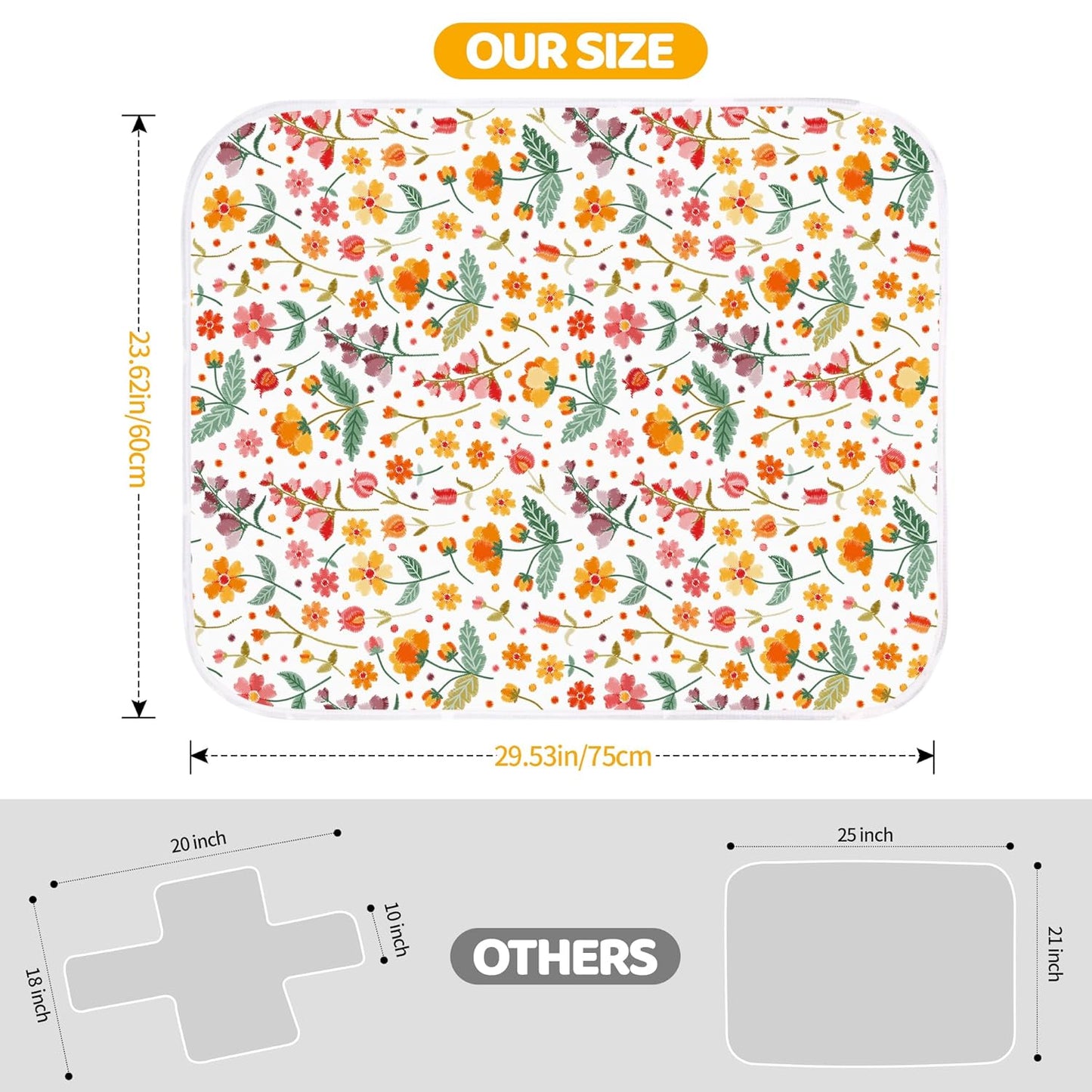 Diaper Changing Pads for Baby, Flower Change Mat, 3Layers Waterproof Change Pad Foldable Absorbent Mats for Women, Reusable Incontinence Underpads for Patient 24''x30''