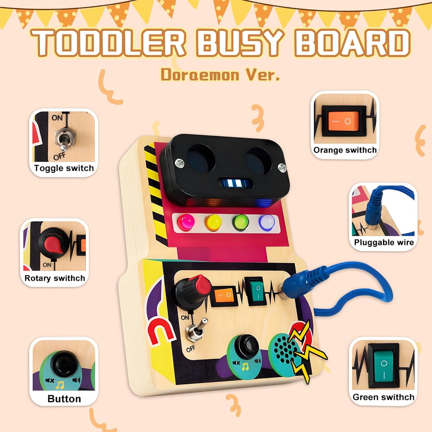 Montessori Busy Board with Led Light, Wooden Sensory Board Travel Toys for 1 Year Old, Preschool Learning Activities Easter Gifts for Boys Girls