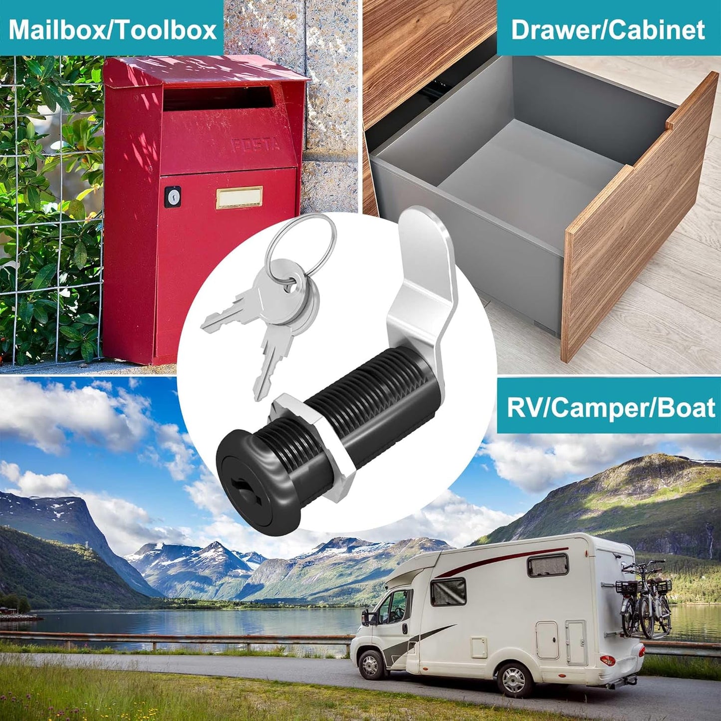 6 Pcs Black Cabinet Locks with Keys, 1-1/2" Cam Lock Keyed Alike, RV Cam Locks for Cabinets RV Storage Door, Cabinet and Drawer Lock with Keys, Zinc Alloy