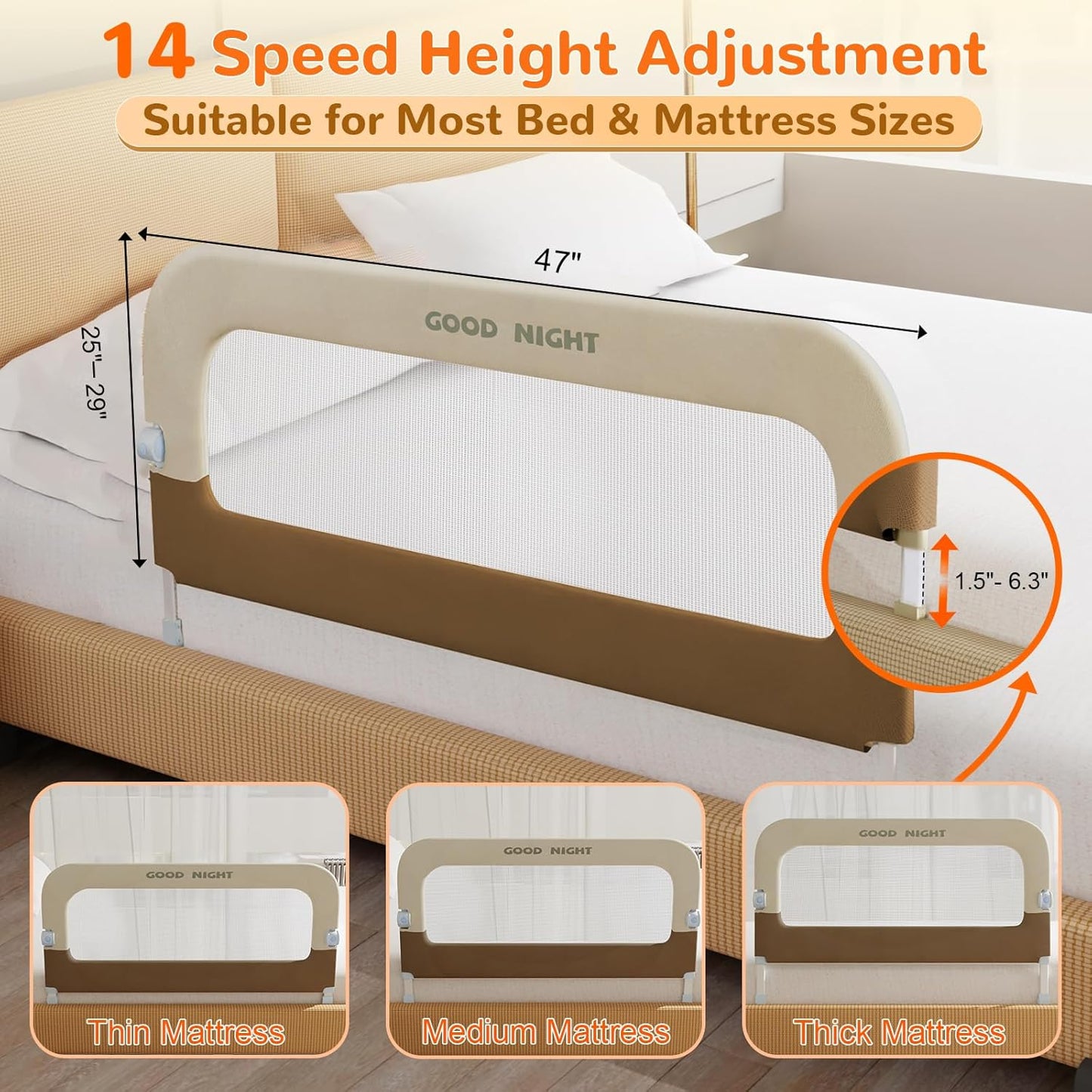 Bed Guard Rail for Toddlers - 47" Adjustable Heights & Folding up Portable Bed Railing for Baby - Toddler Bed Rails Guard for Crib, Twin, Bunk,Full Size, Queen & King Bed