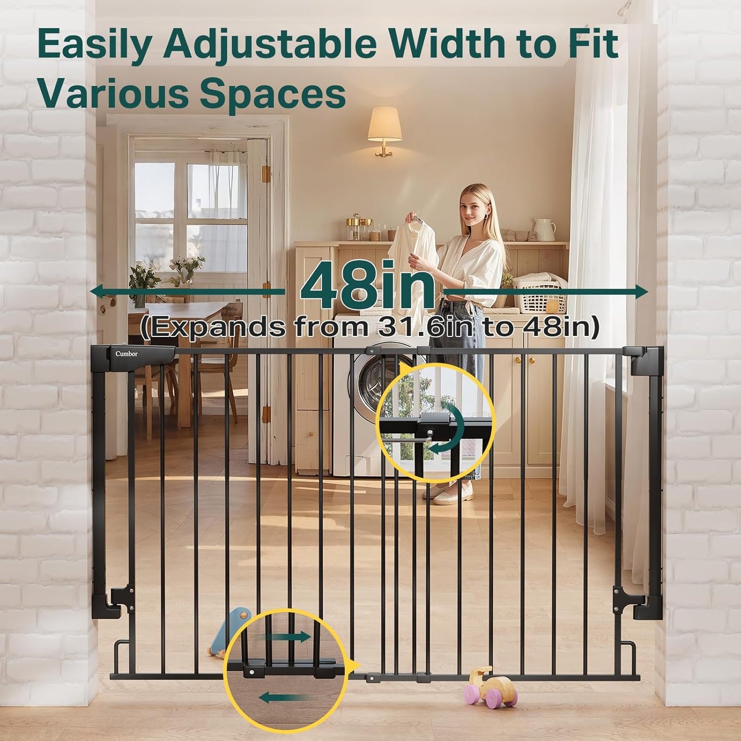 Cumbor 31.6-48" No Bottom Bar Baby Gate for Stairs, 2-in-1 Auto Close Dog Gate Indoor, Hardware Mounted Pet Gate for Doorways with Large Walk Thru Door, Child-Proof Safety Gate for Kids (Black)