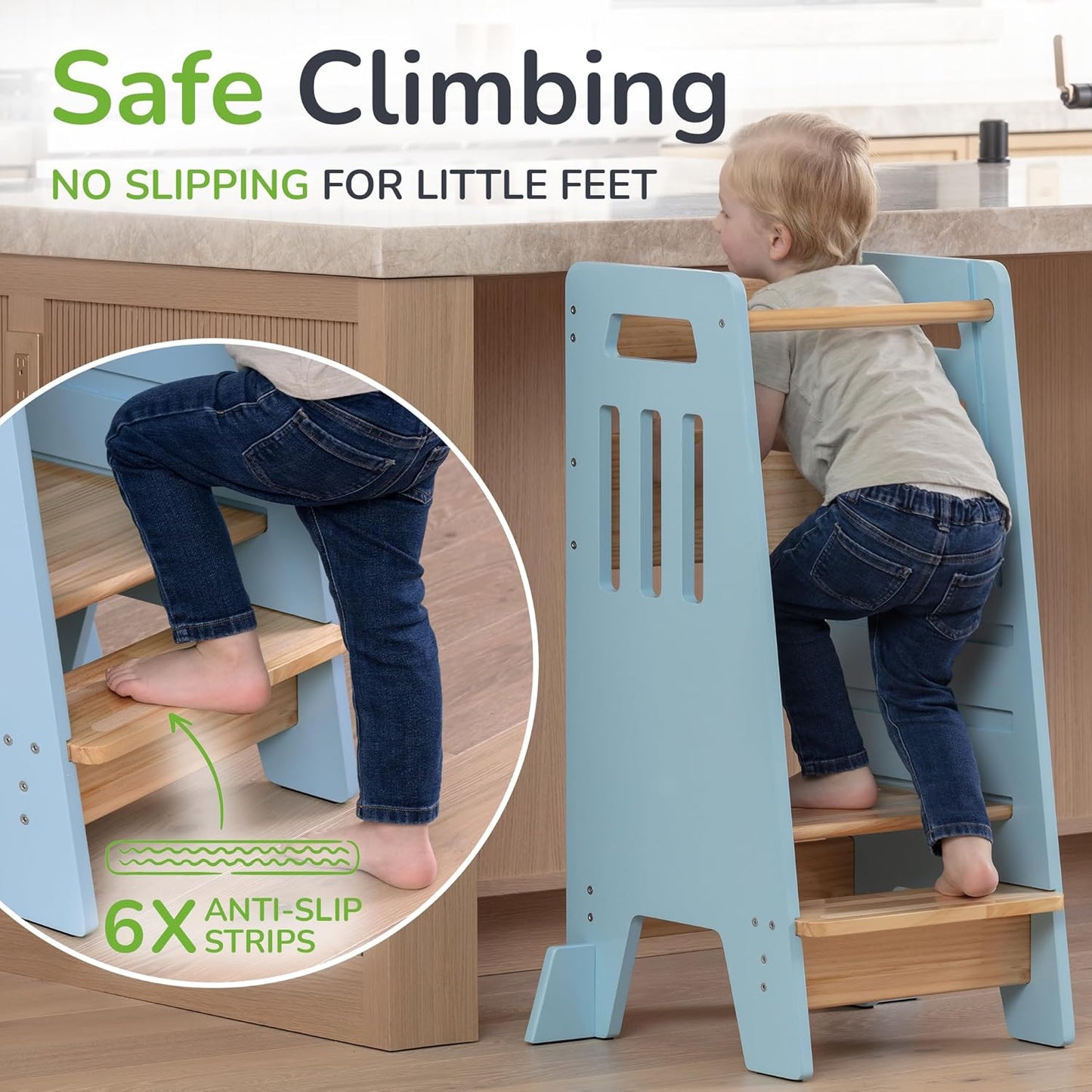 Toddler Tower with a Sliding Door and 3 Adjustable Heights - Complete Toddler Kitchen Stool Helper with Support Feet - Safe Design for 18+ Months to 6-Year-Old Kids - Blue