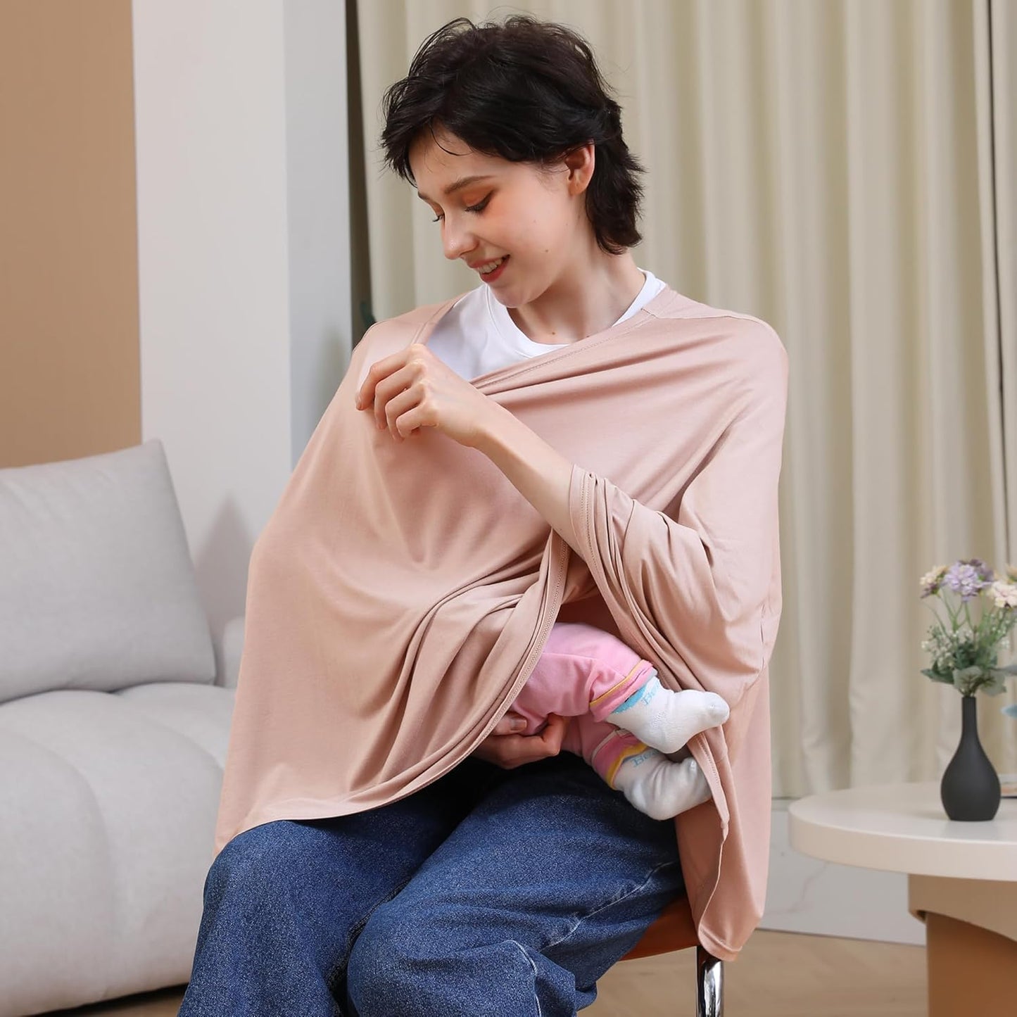 Nursing Cover for Breastfeeding, 360°Full Coverage Nursing Poncho, Rayon Soft & Breathable Breastfeeding Cover up (Smooth Rayon, Warm Natural Pink)