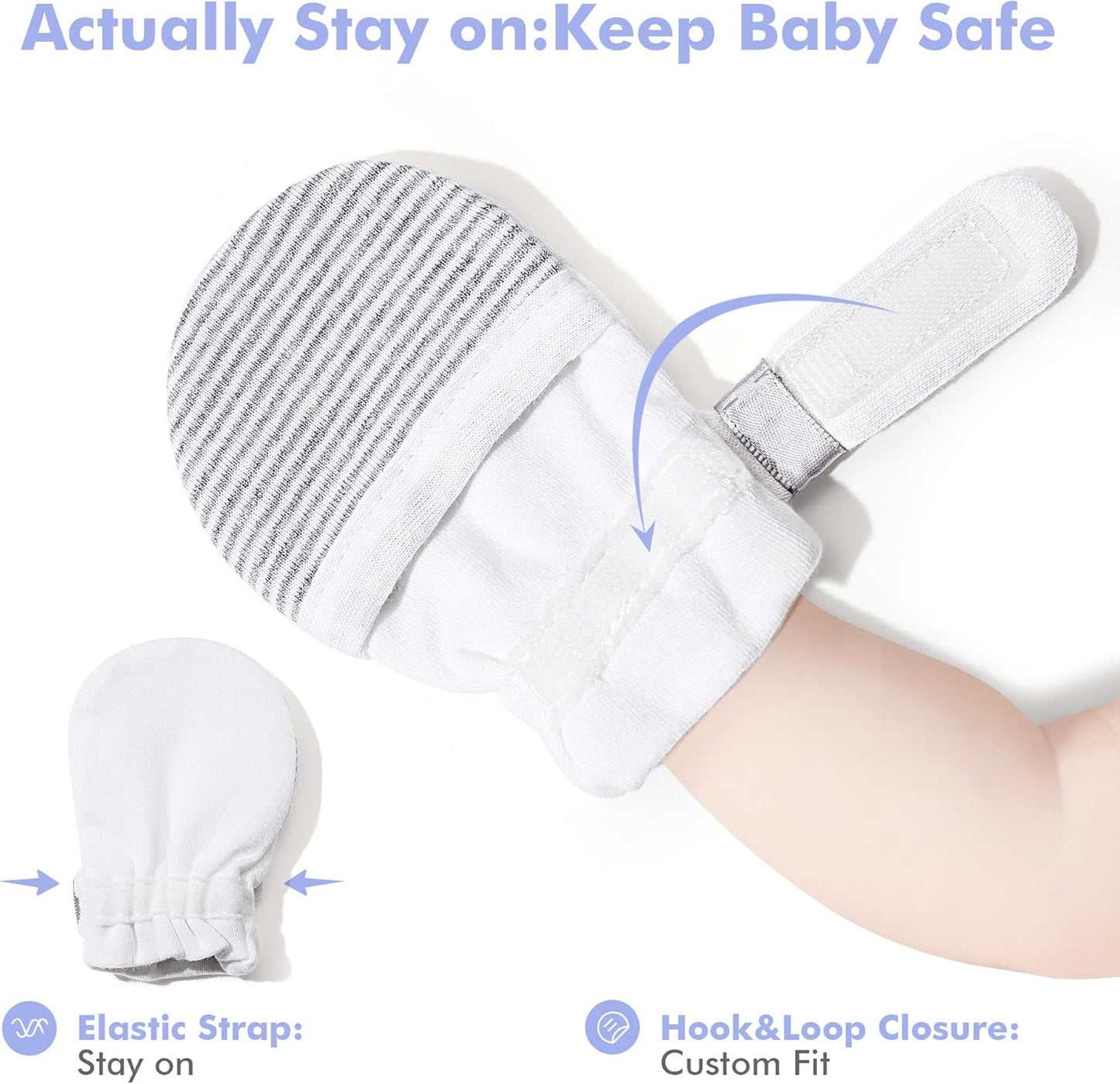 HAPIU Baby No Scratch Mittens Stay On, 100% Cotton Breathable, Adjustable Infant Gloves for Boys Girls, Newborn - 12 M